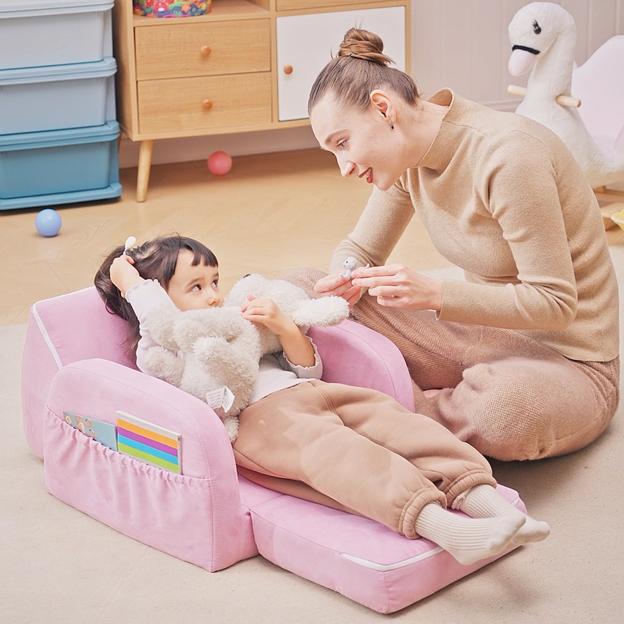 HOMCOM 2-in-1 Kids Armchair, Toddler Sofa Bed, with Wood Frame, for Bedroom, Playroom - Pink - North Peak Garden Furniture