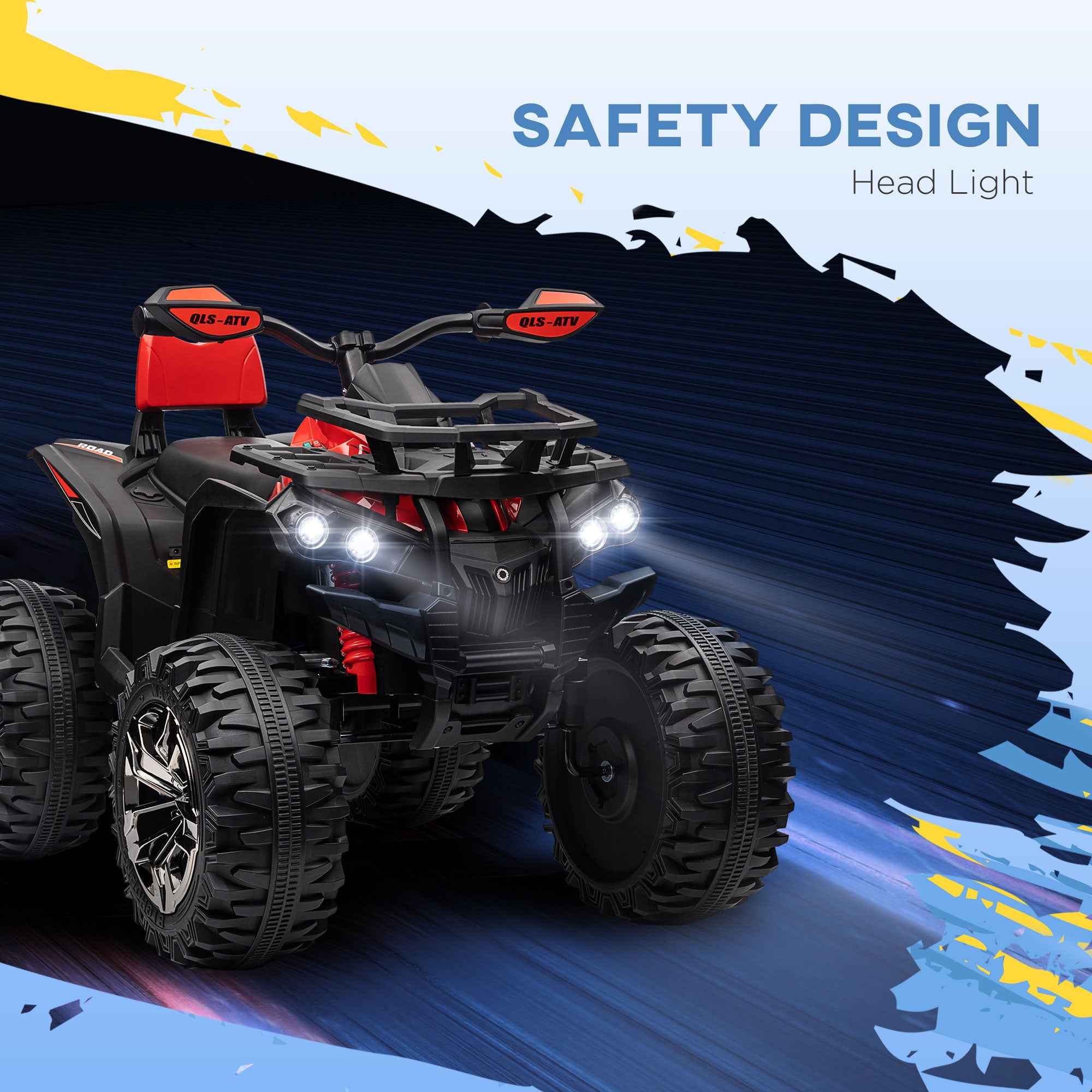HOMCOM 12V Quad Bike ATV with LED Lights, Music, Backrest, Forward, Backward, Red - North Peak Garden Furniture