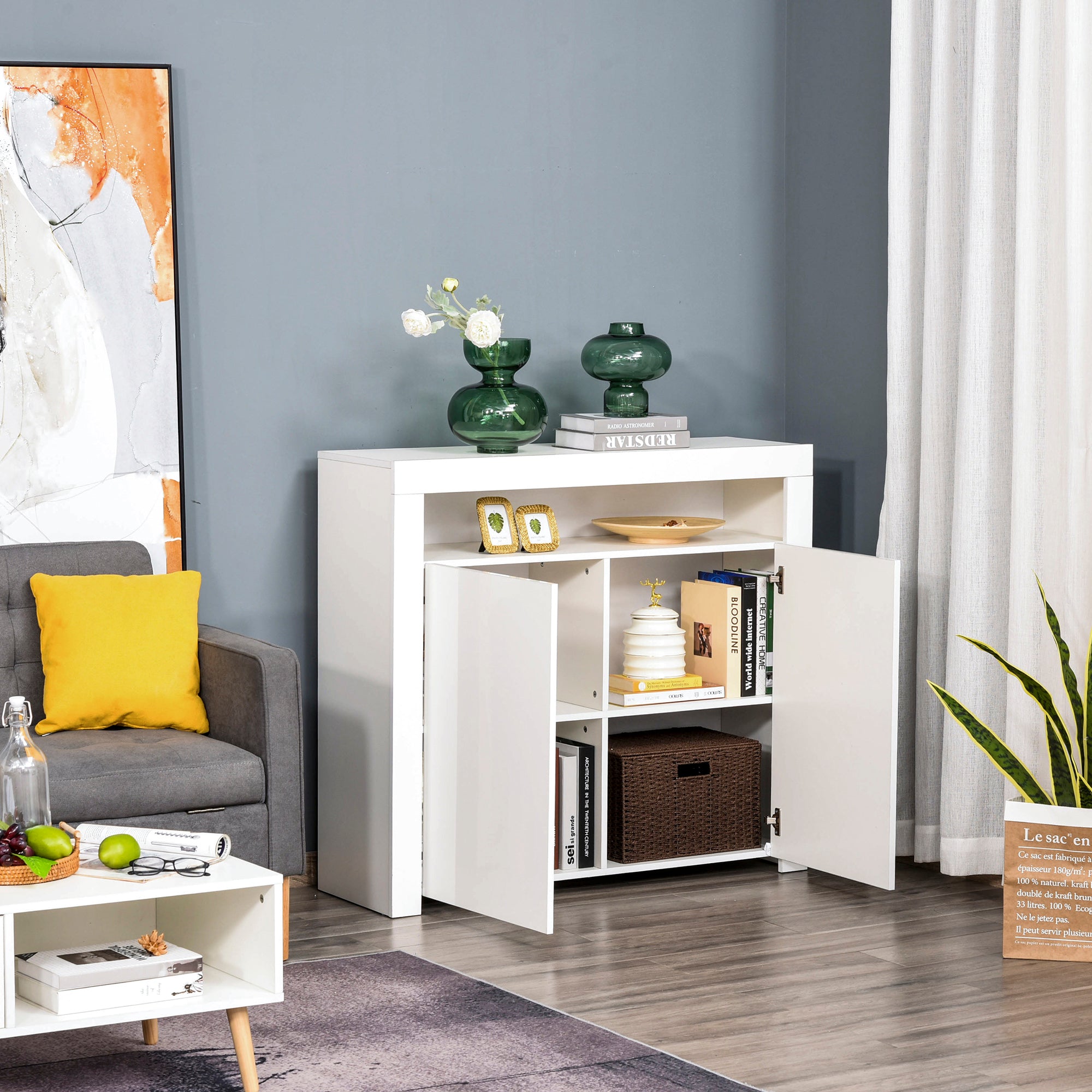HOMCOM LED Storage Cabinet, Cupboard with High Gloss Front and RGB Lighting, Modern Sideboard for Entryway, Dining Area, Living Room, White - North Peak Garden Furniture