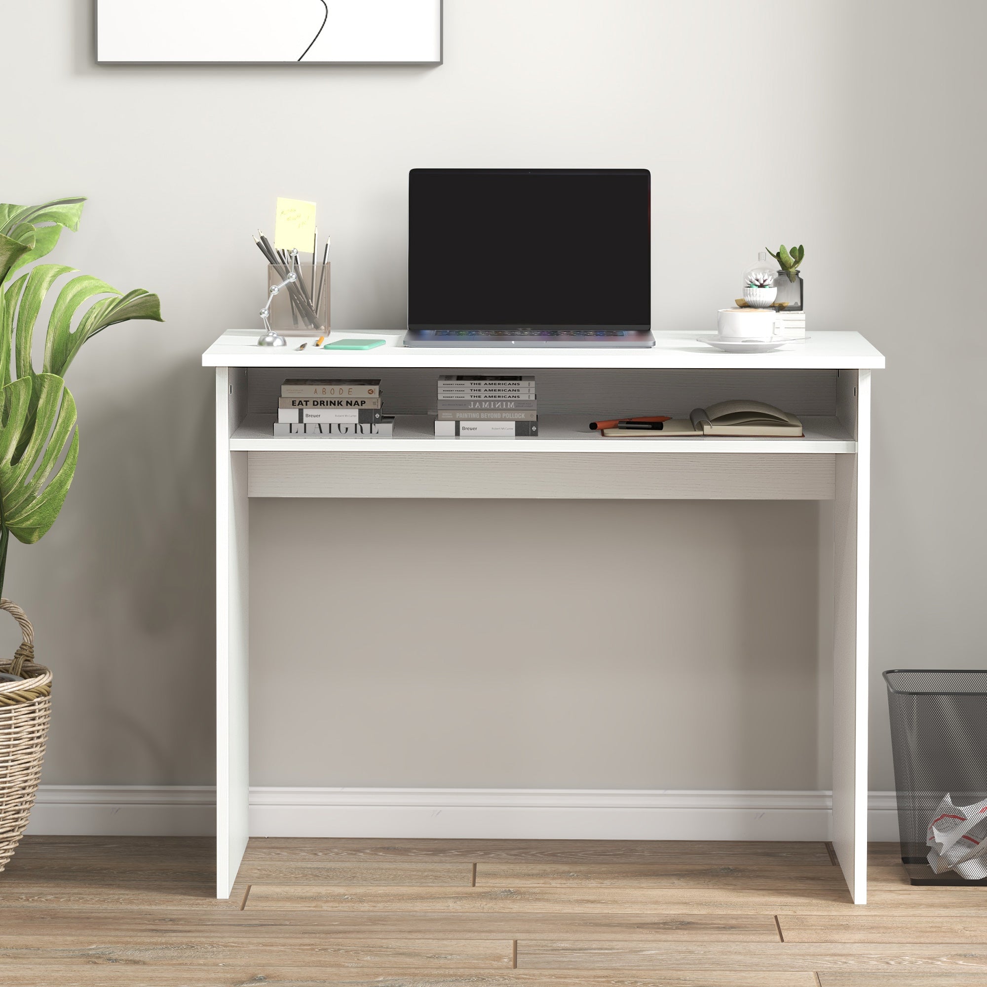 HOMCOM Modern Computer Desk, Home Office Table, Small Writing Desk with Storage Shelf, 90 x 50cm, White Wood Grain - North Peak Garden Furniture