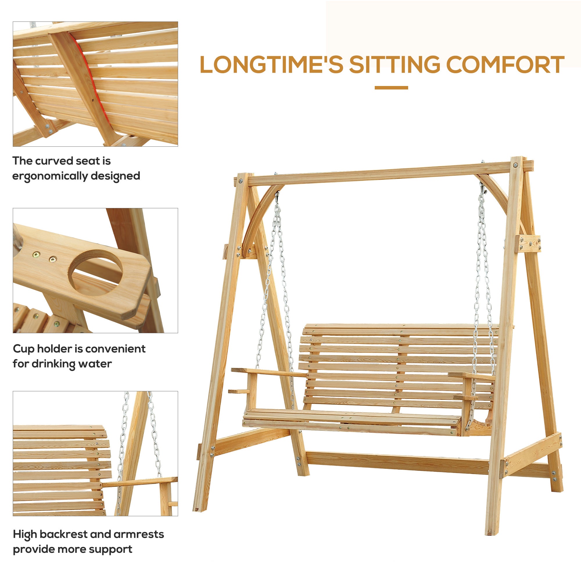 Outsunny 2 Seater Garden Swing Seat, Wooden Swing Chair Bench with Cup Holders for Outdoor Porch Patio, Natural