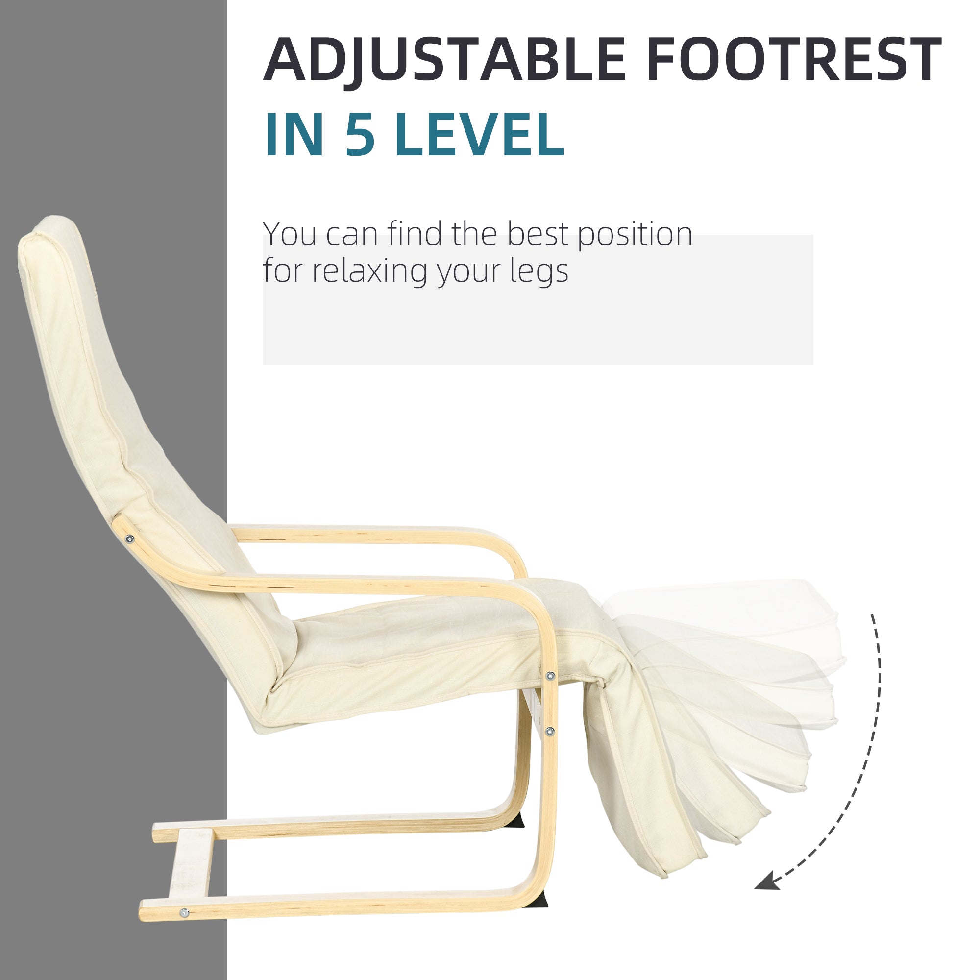 HOMCOM Wooden Lounging Chair Deck Relaxing Recliner Lounge Seat with Adjustable Footrest & Removable Cushion, Cream White - North Peak Garden Furniture