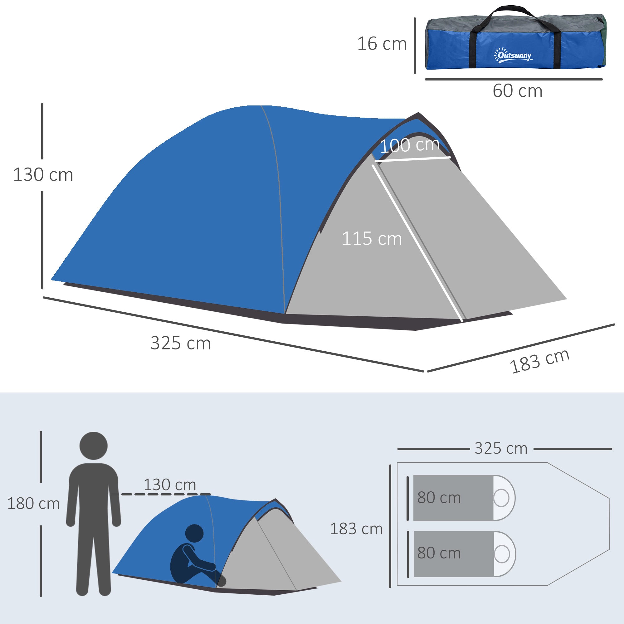 Outsunny Two-Man Dome Tent, with Front Vestibule - Blue/Grey - North Peak Garden Furniture