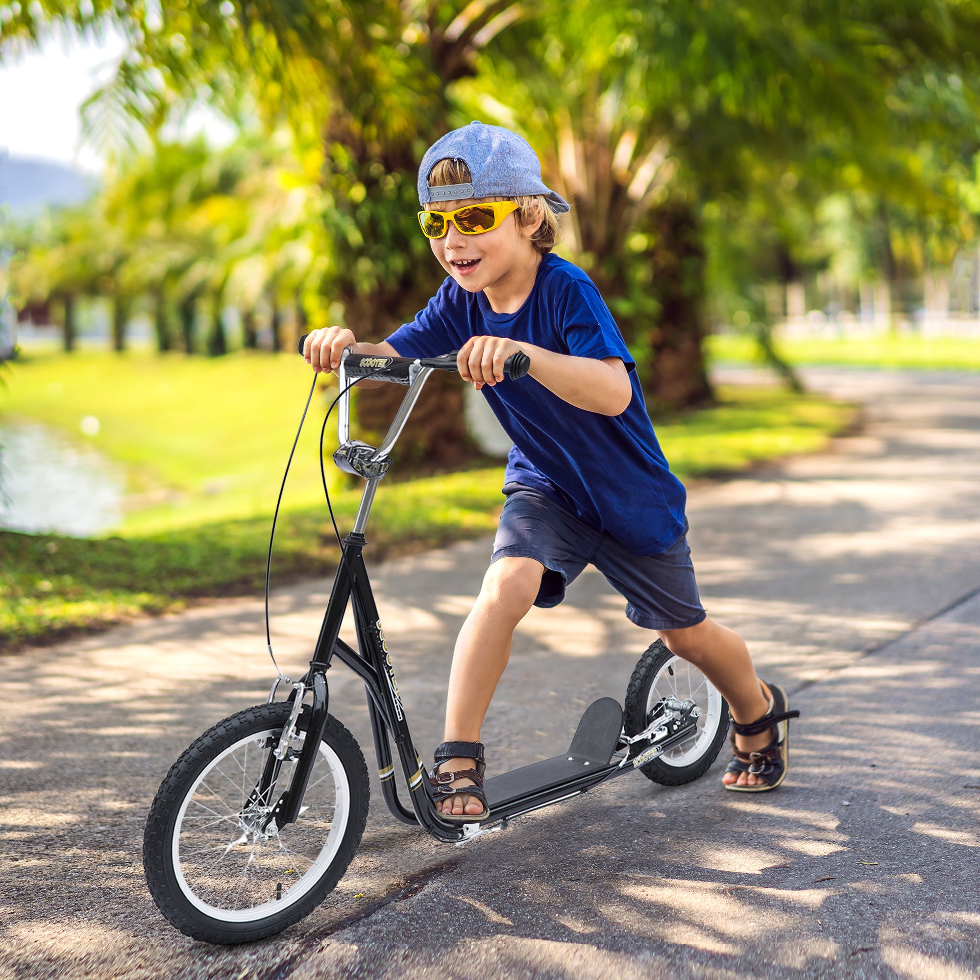 HOMCOM Teen Stunt Scooter Push Kick Scooters for Kids with Rubber Wheels Adjustable Handlebar Front Rear Dual Brakes Kickstand, for 5+ Years, Black - North Peak Garden Furniture