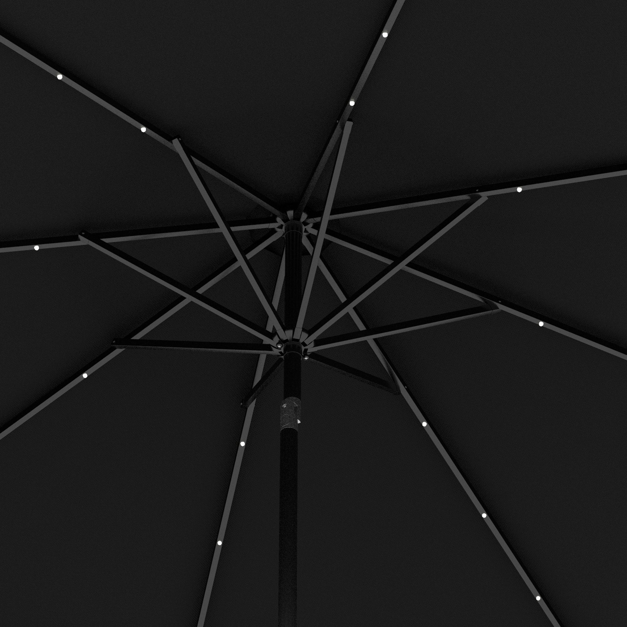 Outsunny 2.7m Outdoor Patio Garden Umbrella Parasol with Tilt Crank and 24 LEDs Lights, Black - North Peak Garden Furniture