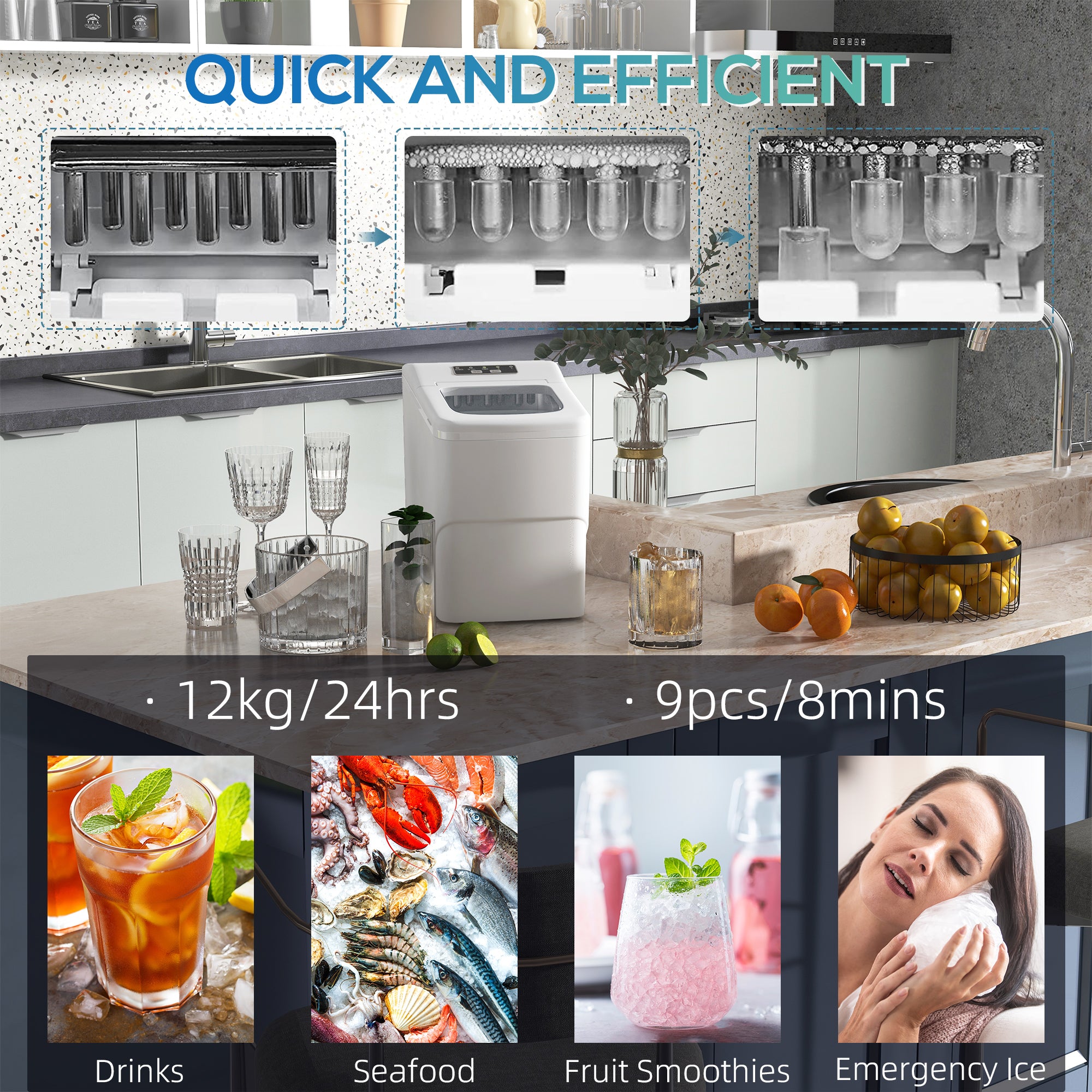 HOMCOM 12kg Countertop Ice Cube Machine, with Scoop - White - North Peak Garden Furniture