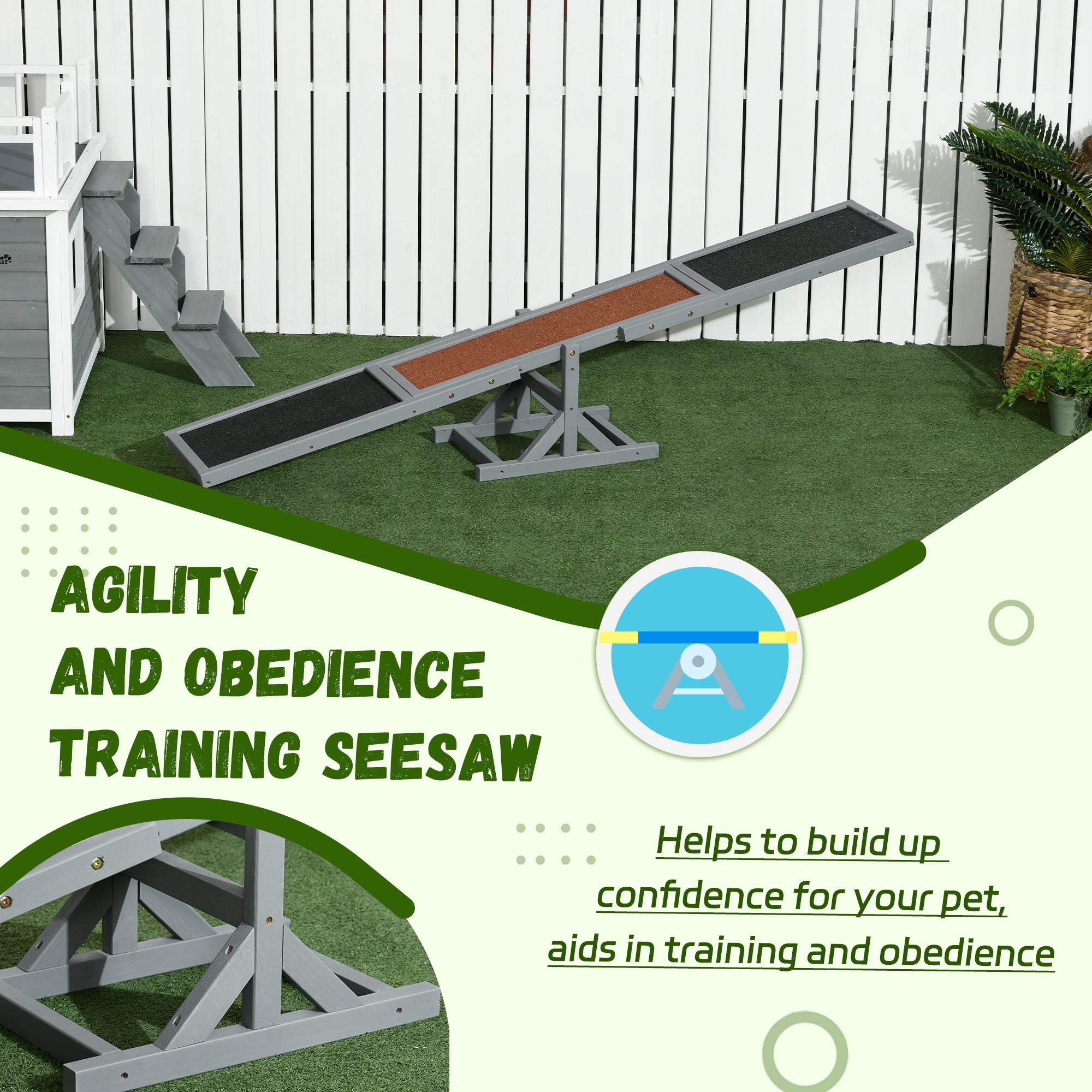 PawHut Wooden Pet Seesaw for Big Dogs, Dog Agility Equipment with Anti-Slip Surface - Grey - North Peak Garden Furniture