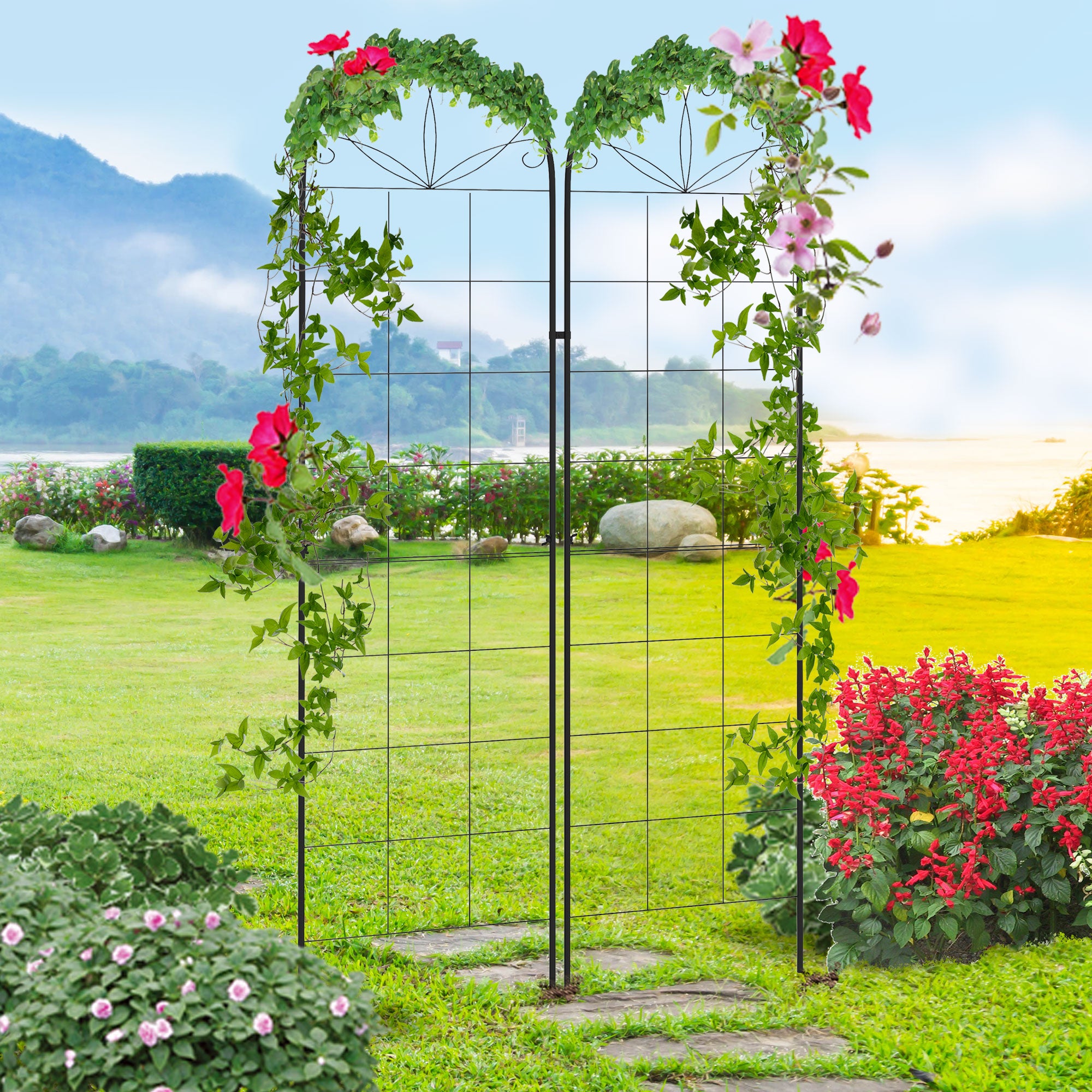 Outsunny Metal Trellis Set of 2, Garden Trellis for Climbing Plants Support Frames, Grid Design