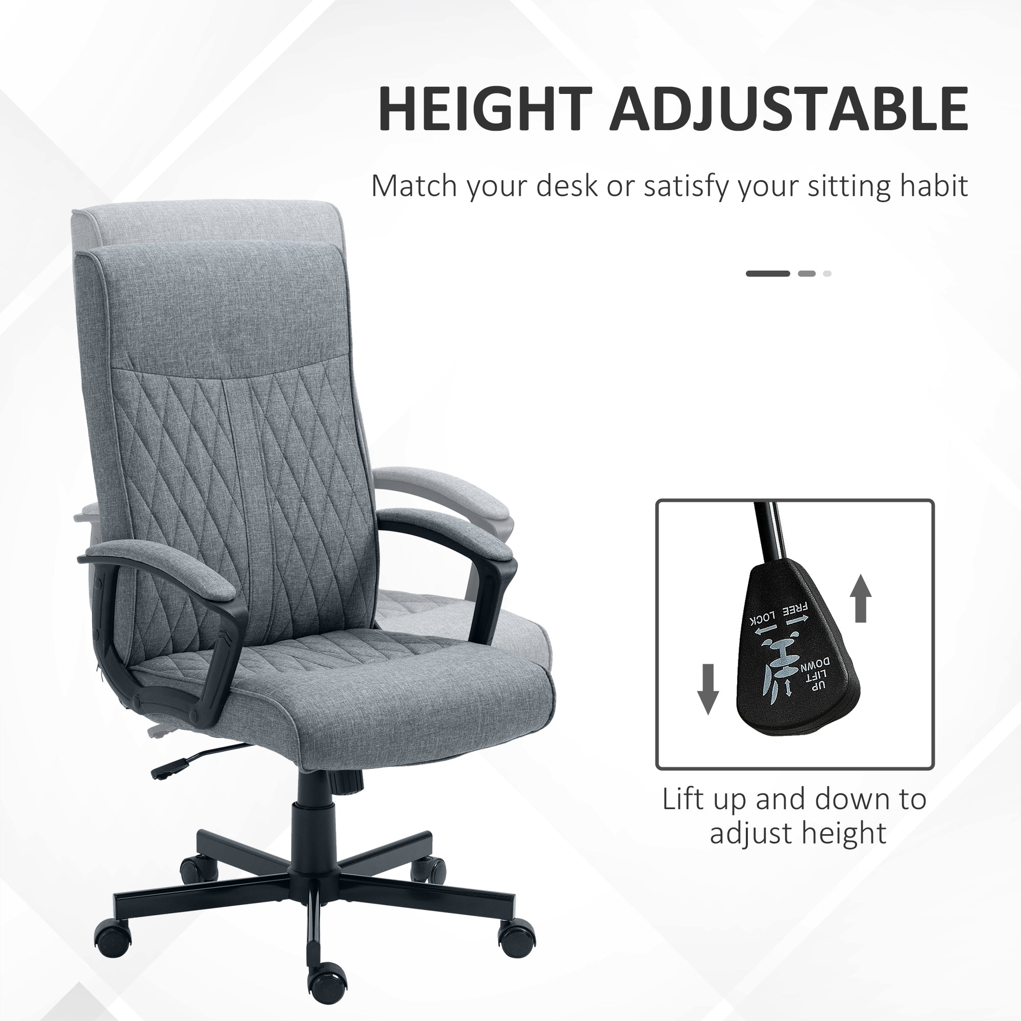 Vinsetto High Back Home Office Chair, Linen Fabric Computer Chair, Swivel Desk Chair with Adjustable Height for Living Room, Bedroom, Study, Dark Grey - North Peak Garden Furniture