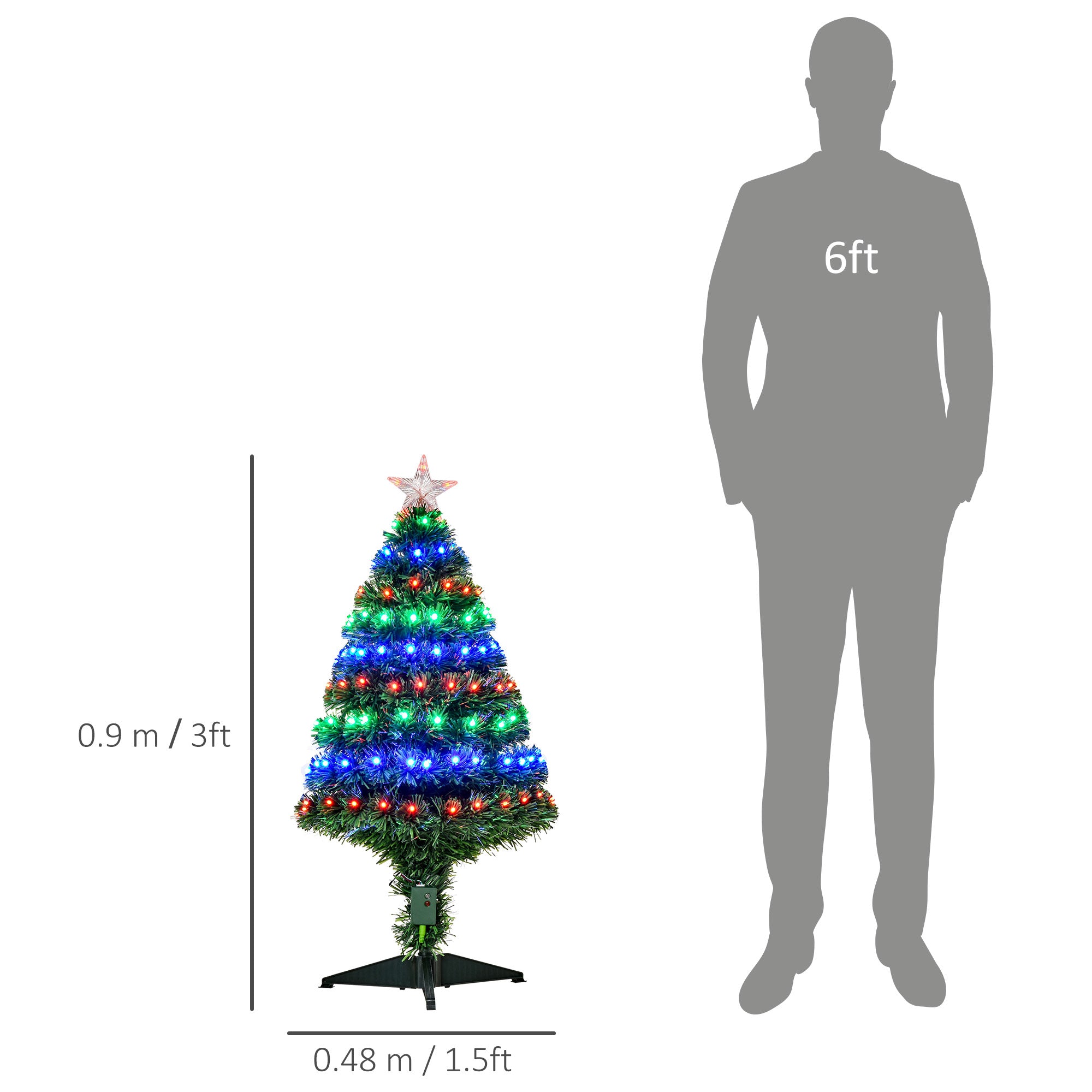 HOMCOM 3 Feet Prelit Artificial Christmas Tree with Multi-Coloured Fiber Optic LED Light, Holiday Home Xmas Decoration, Green - North Peak Garden Furniture