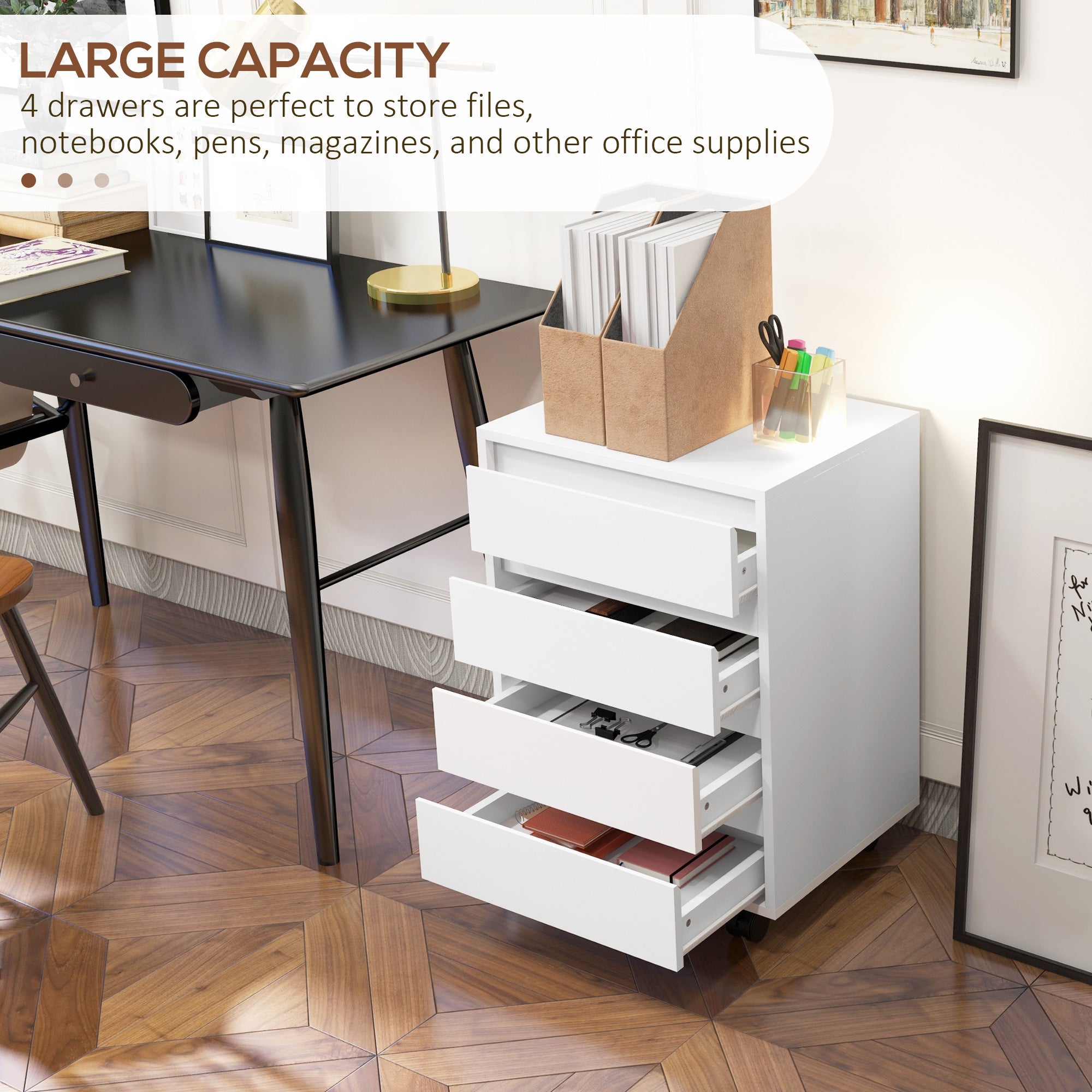 HOMCOM Four-Drawer Office Filing Cabinet, with Wheels - White - North Peak Garden Furniture