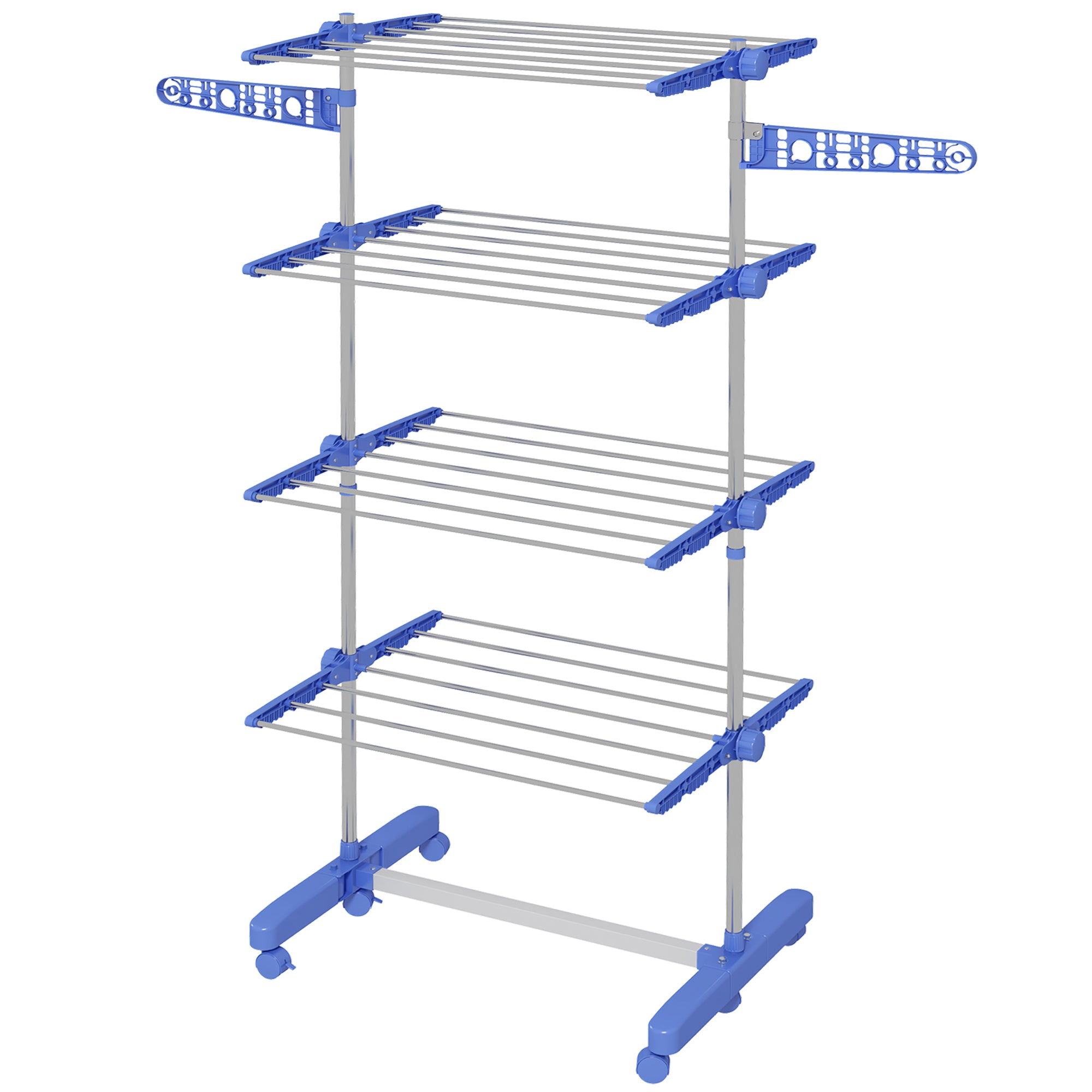 HOMCOM Four-Shelf Collapsing Clothes Horse, With Side Arms and Wheels - Blue - North Peak Garden Furniture