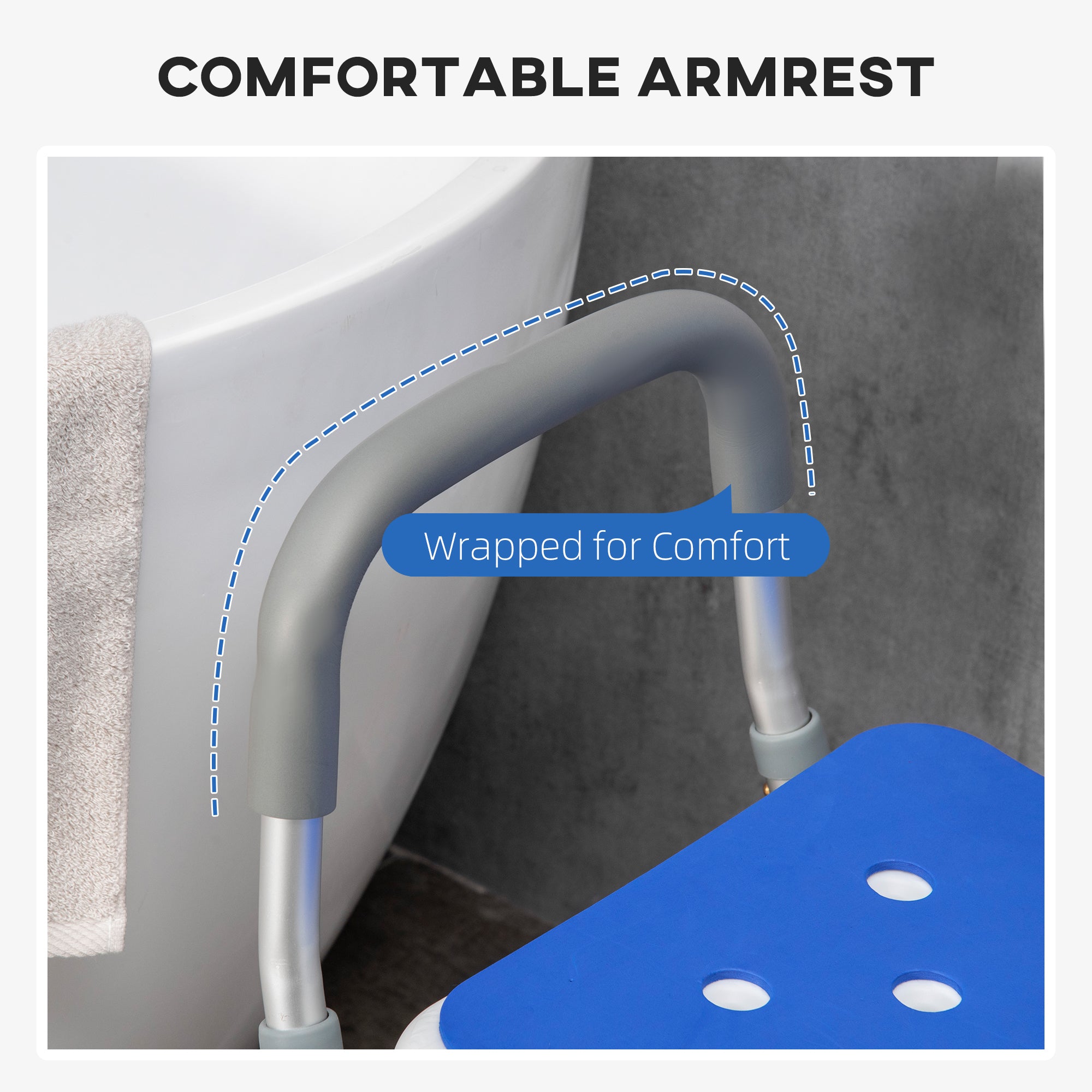 HOMCOM EVA Padded Shower Chair for the Elderly and Disabled, Height Adjustable Shower Stool with Back and Arms, 4 Suction Foot Pads, Blue - North Peak Garden Furniture