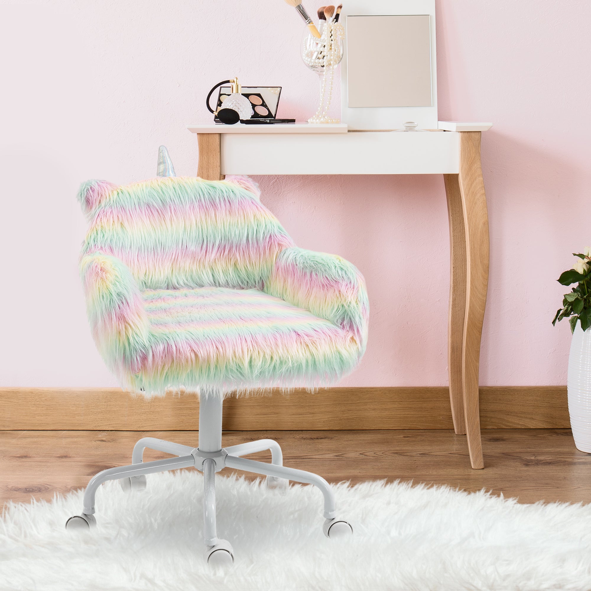 Vinsetto Unicorn Home Office Chair, Height Adjustable Fluffy Desk Chair with Armrests and Swivel Wheels, Colourful - North Peak Garden Furniture
