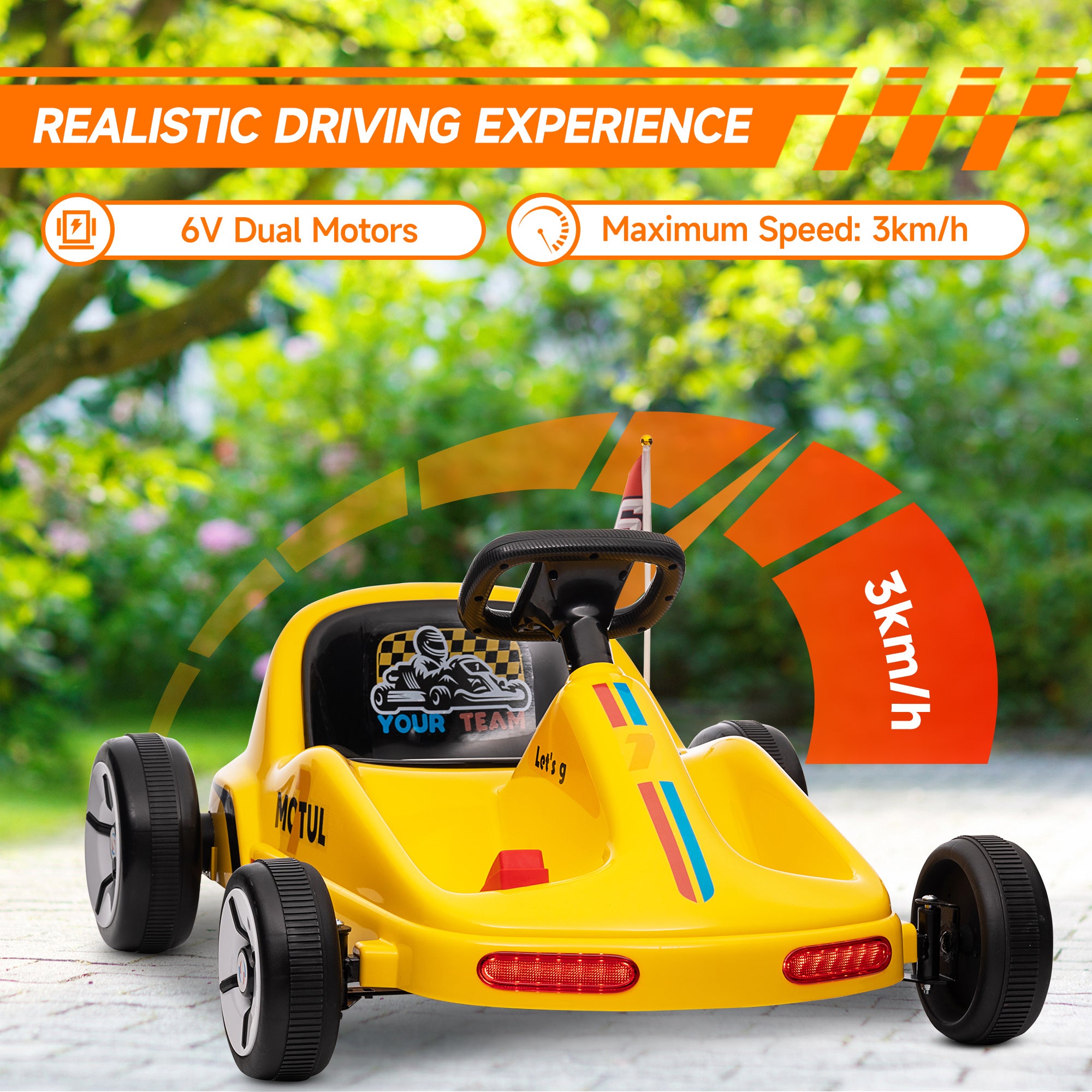 AIYAPLAY 6V Electric Go Kart for Kids with Music, Light, Horn, for 3-5 Years, Yellow - North Peak Garden Furniture