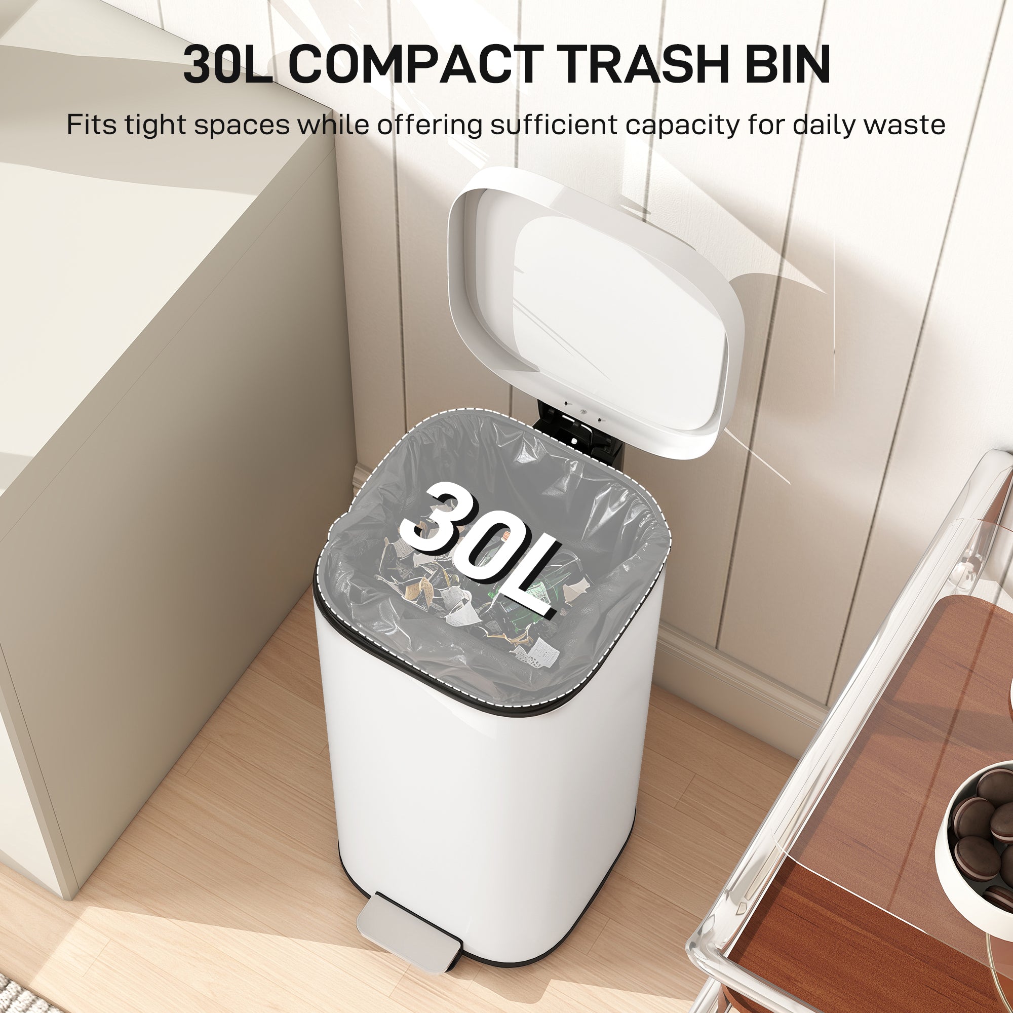 HOMCOM 30L Kitchen Bin, Compact Pedal Bin with Soft-Close and Stay-Open Lid, Removable Bucket for Kitchen, Home, Office, Cream