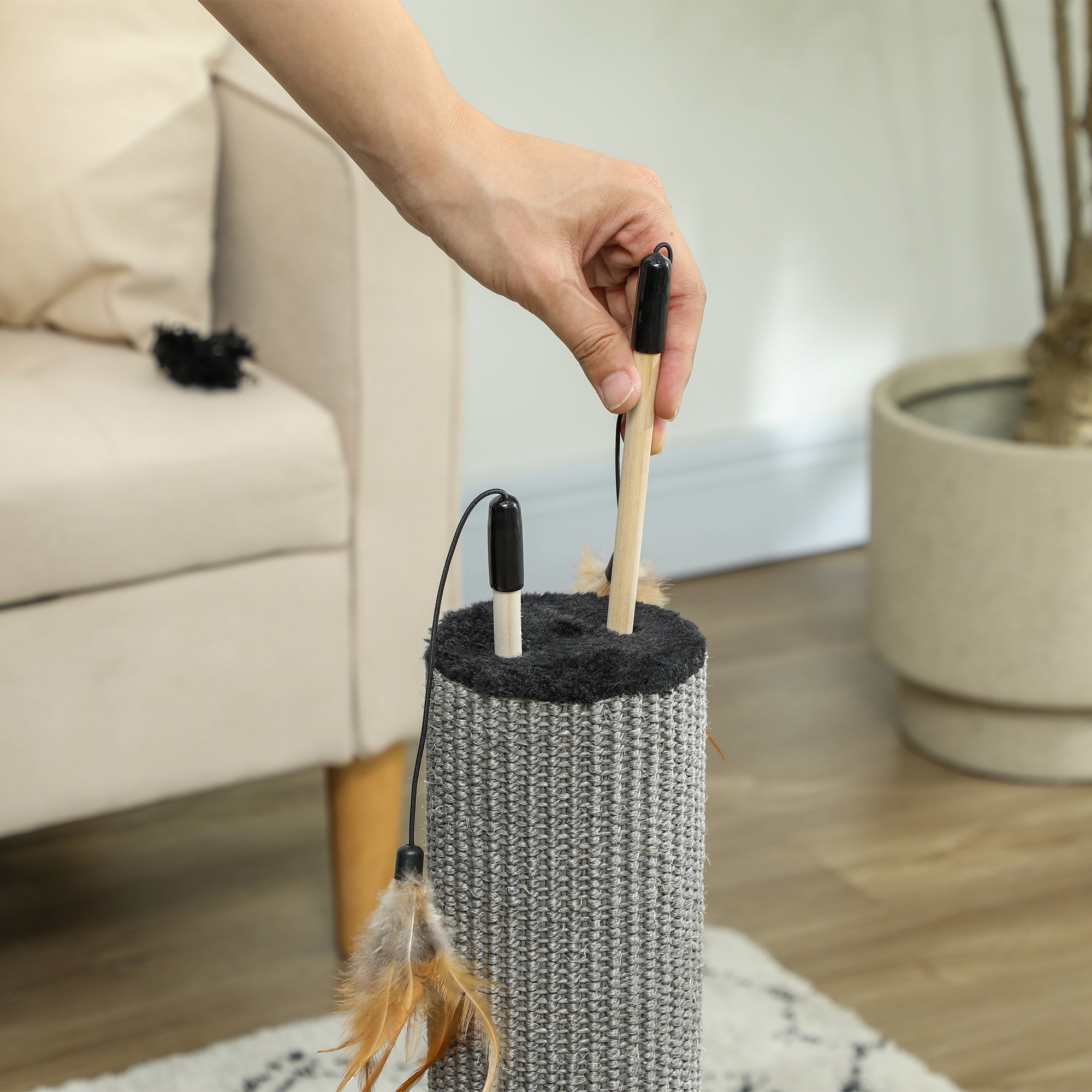 PawHut 78cm Tall 2 in 1 Cat Scratching Post with 3 Toy Feathers, Black - North Peak Garden Furniture