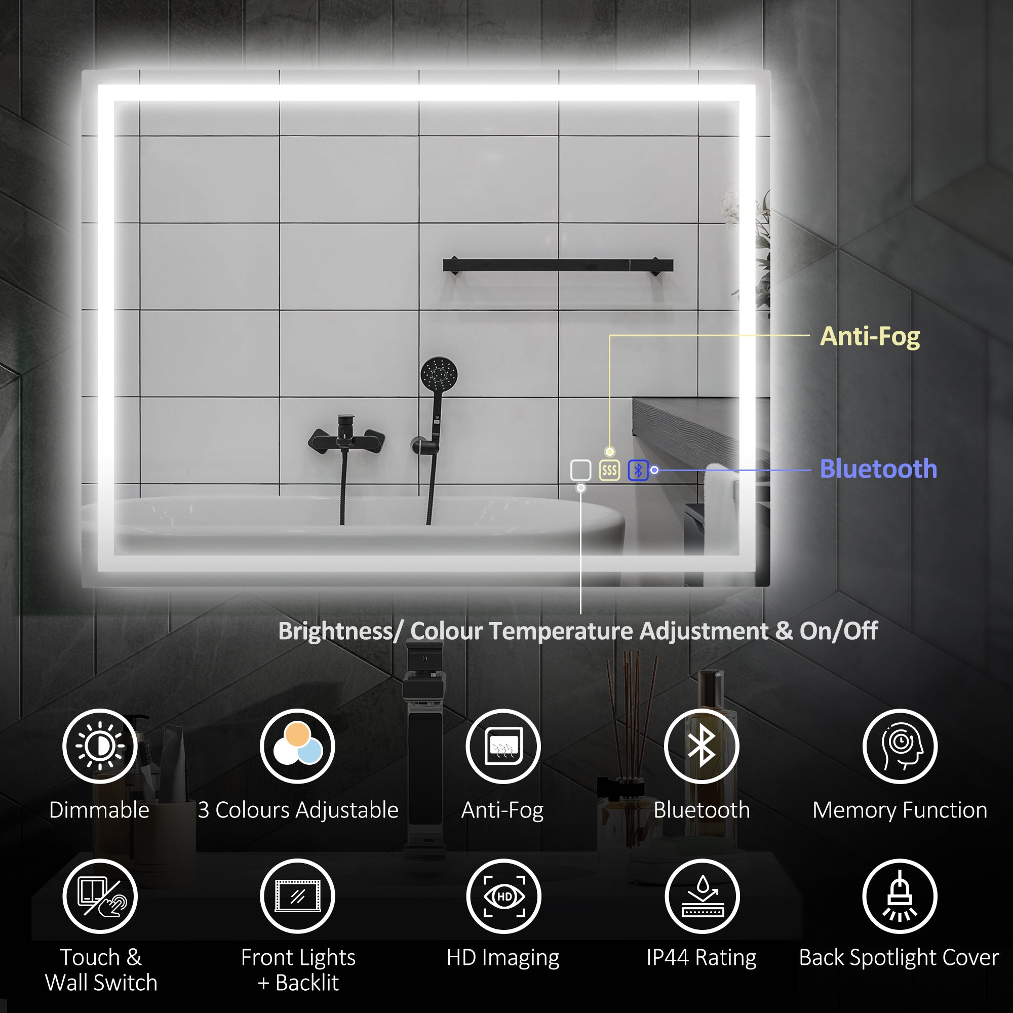 HOMCOM 60 x 80 cm Anti-Fog LED Bathroom Mirror, with Bluetooth - Silver Tone - North Peak Garden Furniture