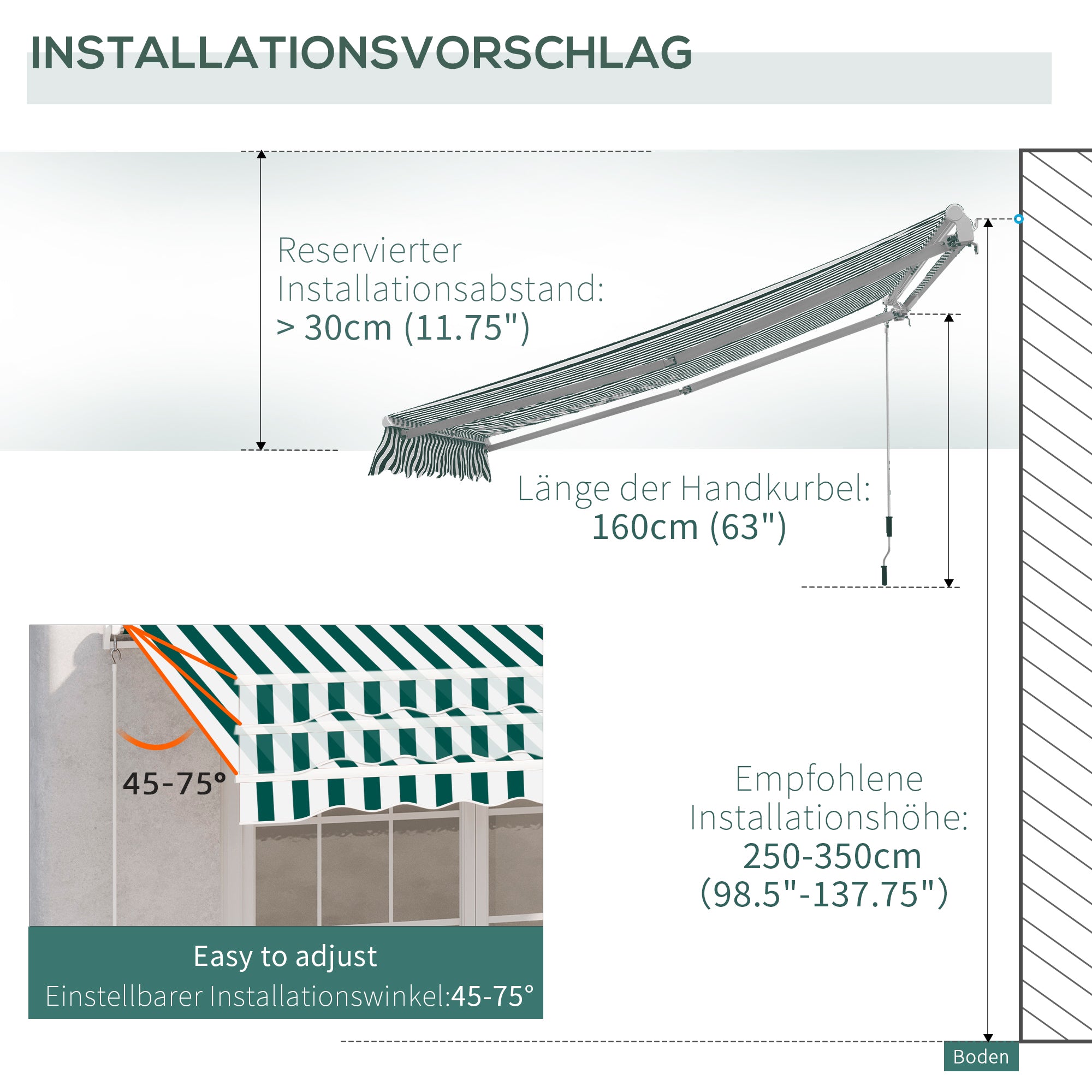 Outsunny 3 x 2.5m Patio Awning, Anti-UV and Waterproof Sun Shade Canopy with Chain Drive and Hand Crank, Green/White Stripes | Aosom UK