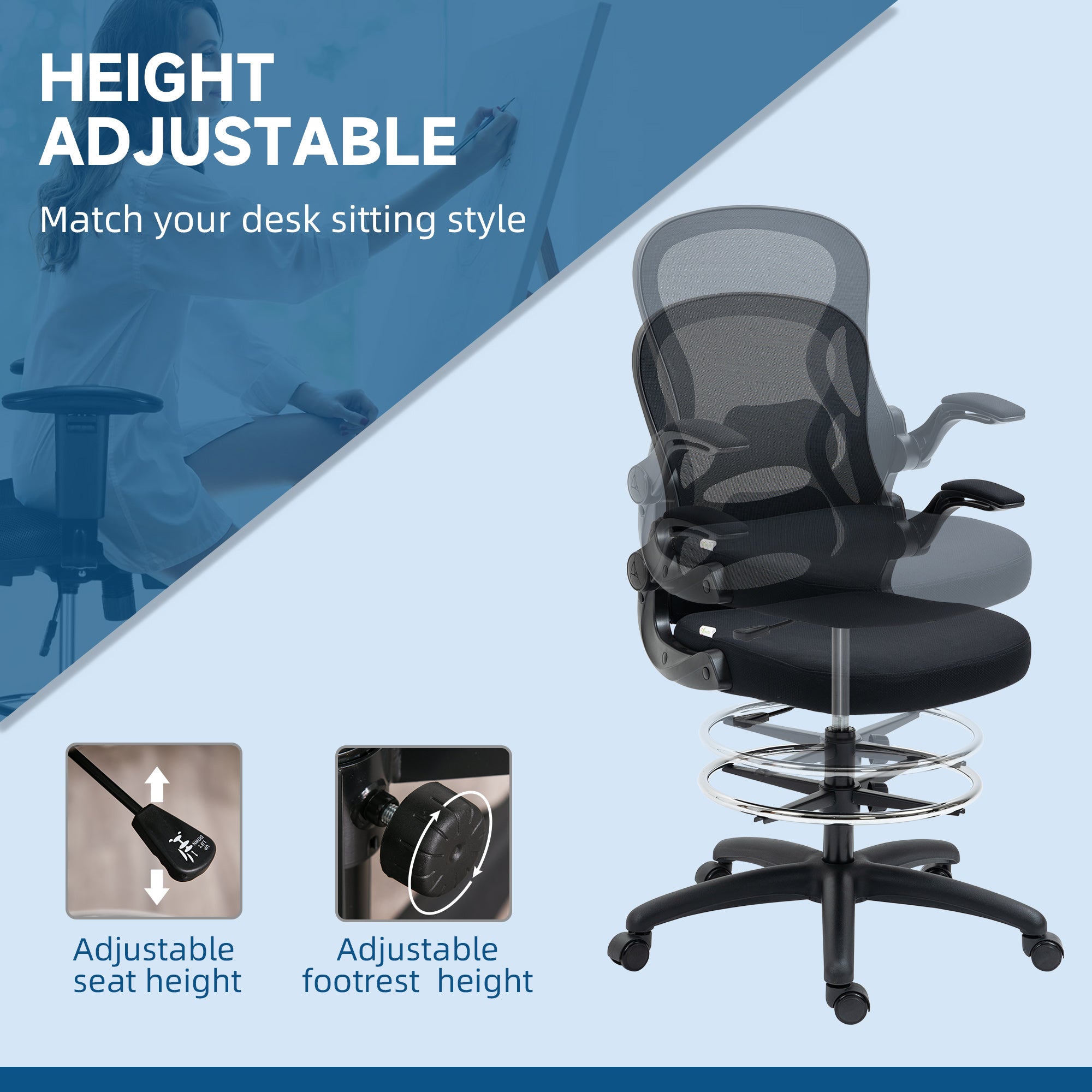 Vinsetto Adjustable Mesh Standing Desk Chair with Flip-up Armrests Lumbar Support Armrests Adjustable Footrest Ring Black - North Peak Garden Furniture