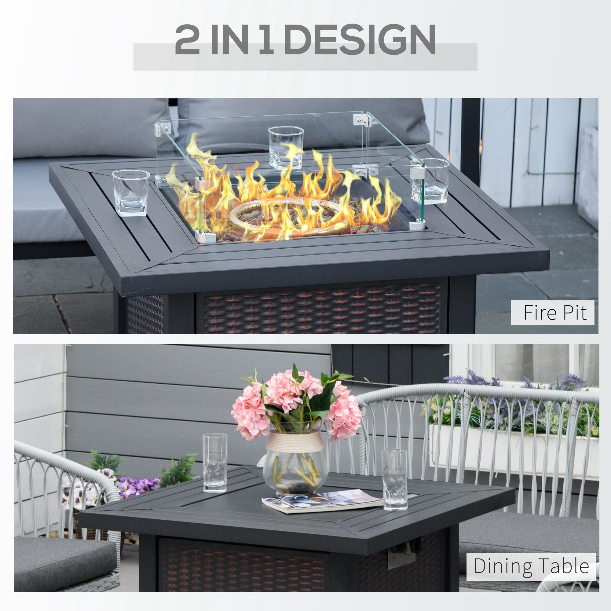 Outsunny Square Propane Gas Fire Pit Table, 50000 BTU Rattan Smokeless Firepit Patio Heater with Glass Screen, Glass Beads and Lid, 81cm x 81cm x 64cm, Black - North Peak Garden Furniture