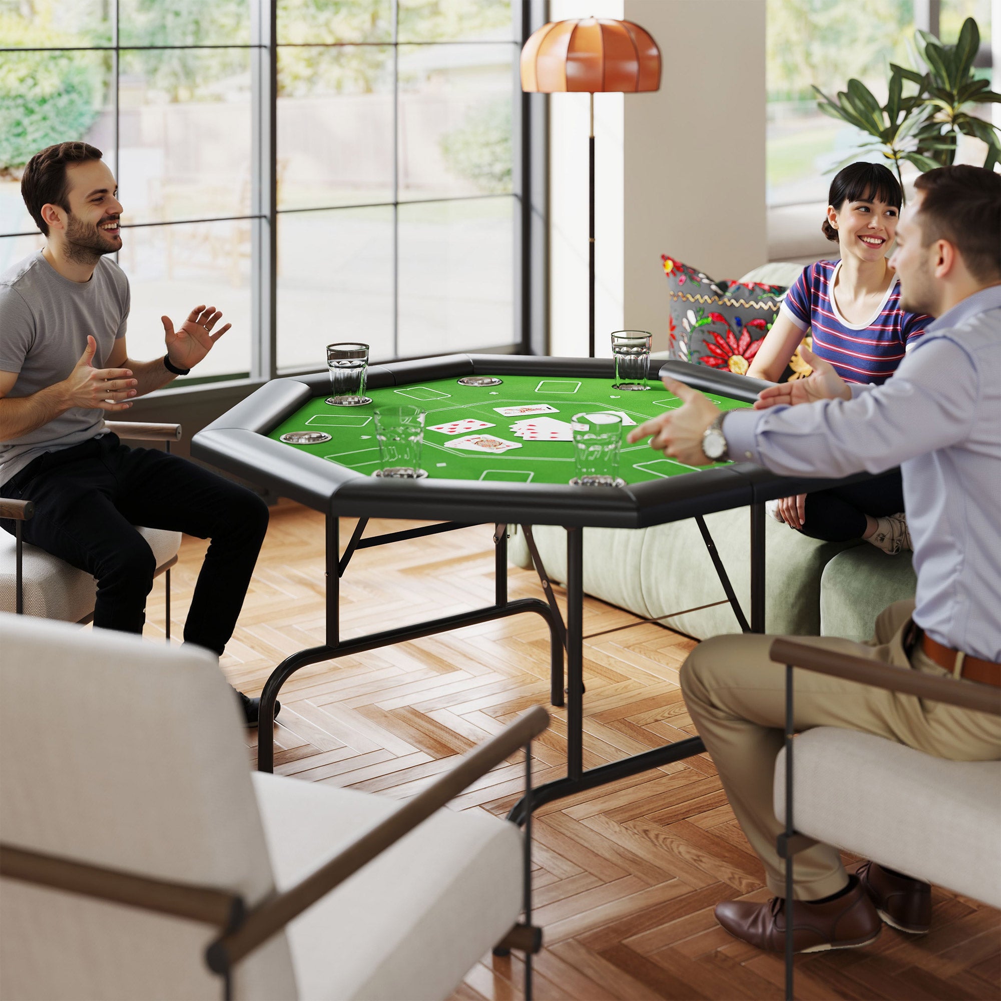 SPORTNOW 8 Player Folding Poker Table, Portable Octagon Blackjack Table with Cup Holders with Cup Holders, Padded Edge, Green - North Peak Garden Furniture