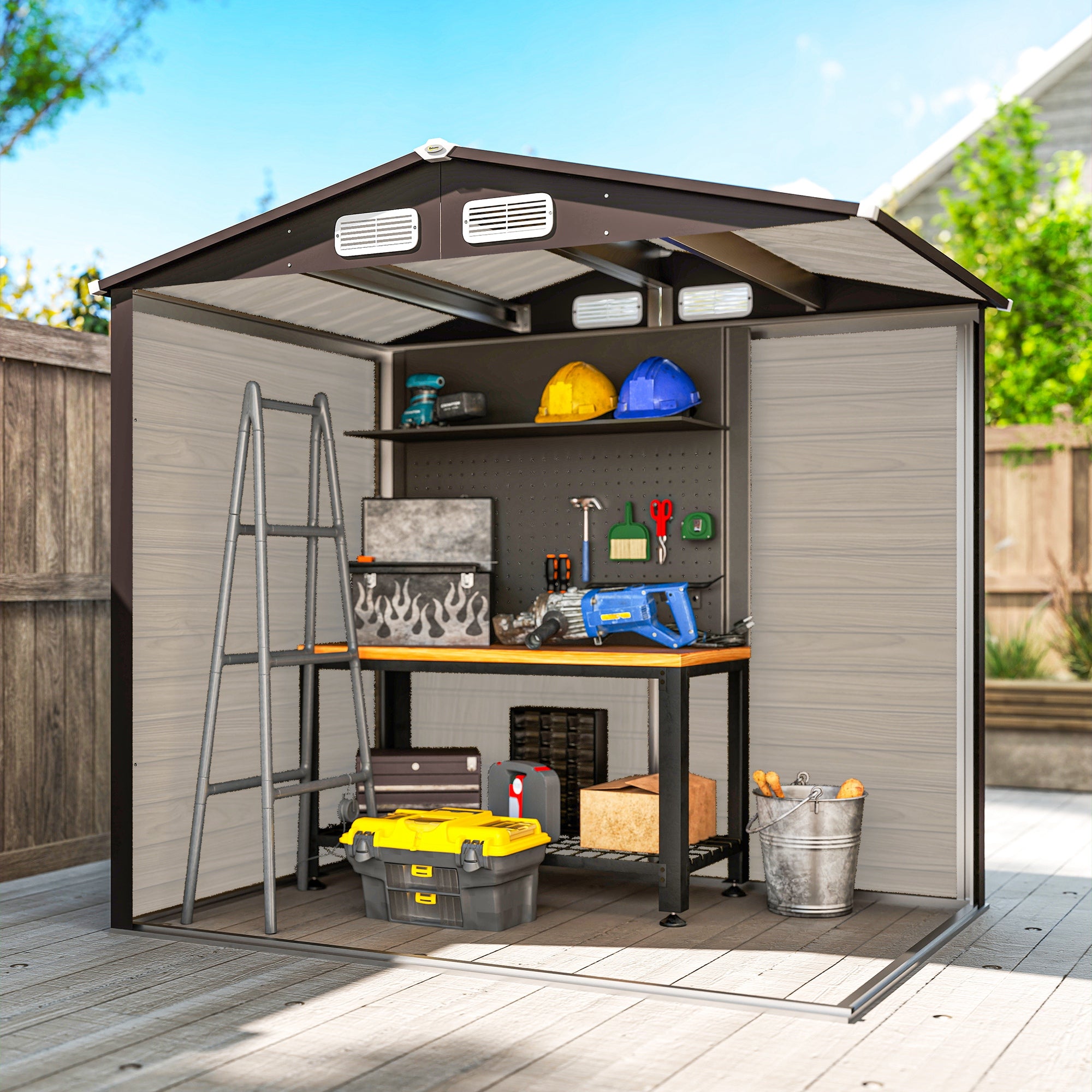 Outsunny 4 x 6ft Galvanised Steel Garden Shed, with Lock and Gloves - Oak - North Peak Garden Furniture