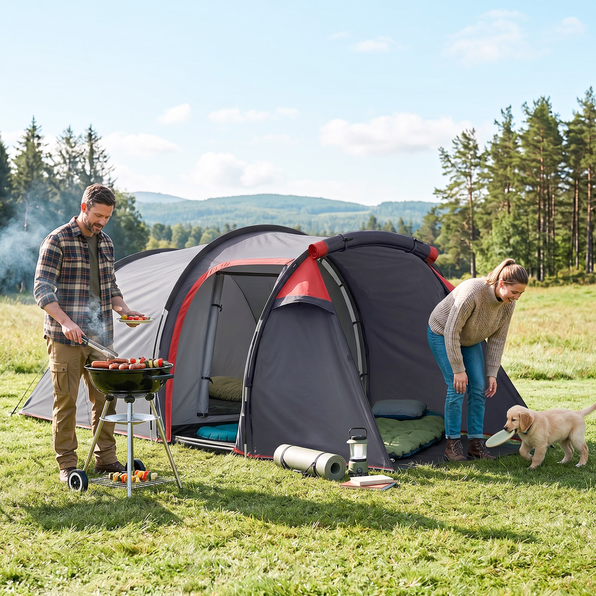 Outsunny 2-3 Person Tunnel Tent with Sewn-in Groundsheet, Air Vents, Rainfly, 2000mm Water Column, Camping Tent with 1 Bedroom, Inbuilt Porch, Living Area for Camping, Hiking, Grey
