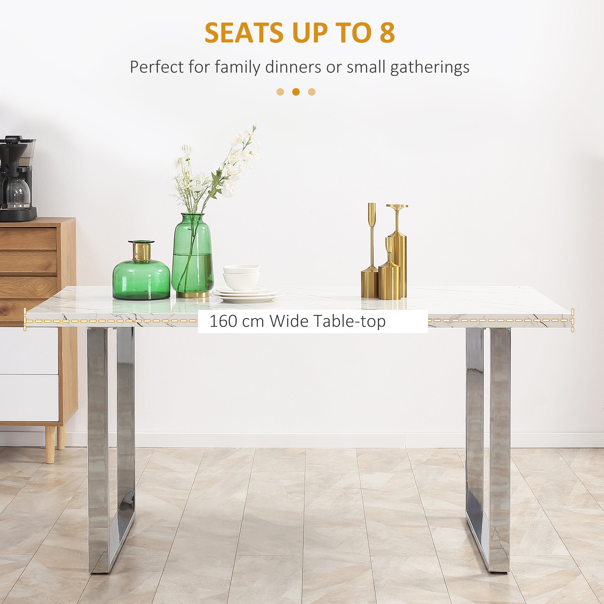 HOMCOM Modern Dining Room Table Rectangular Kitchen Table for 6-8 People with Marble Effect Tabletop Steel Legs 160 cm White - North Peak Garden Furniture