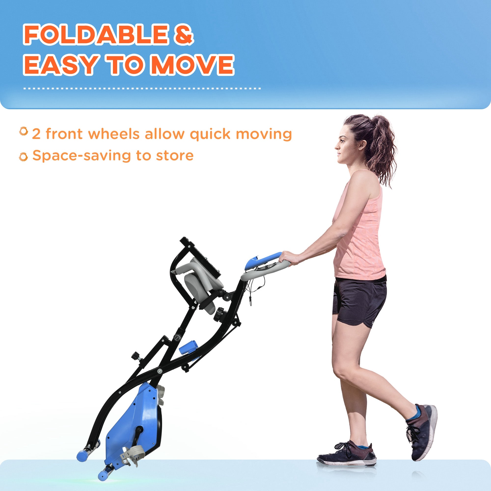 HOMCOM 2-in-1 Folding Exercise Bike with 8-Level Magnetic Resistance, Arm Resistance Band, Pulse Sensor, Blue - North Peak Garden Furniture