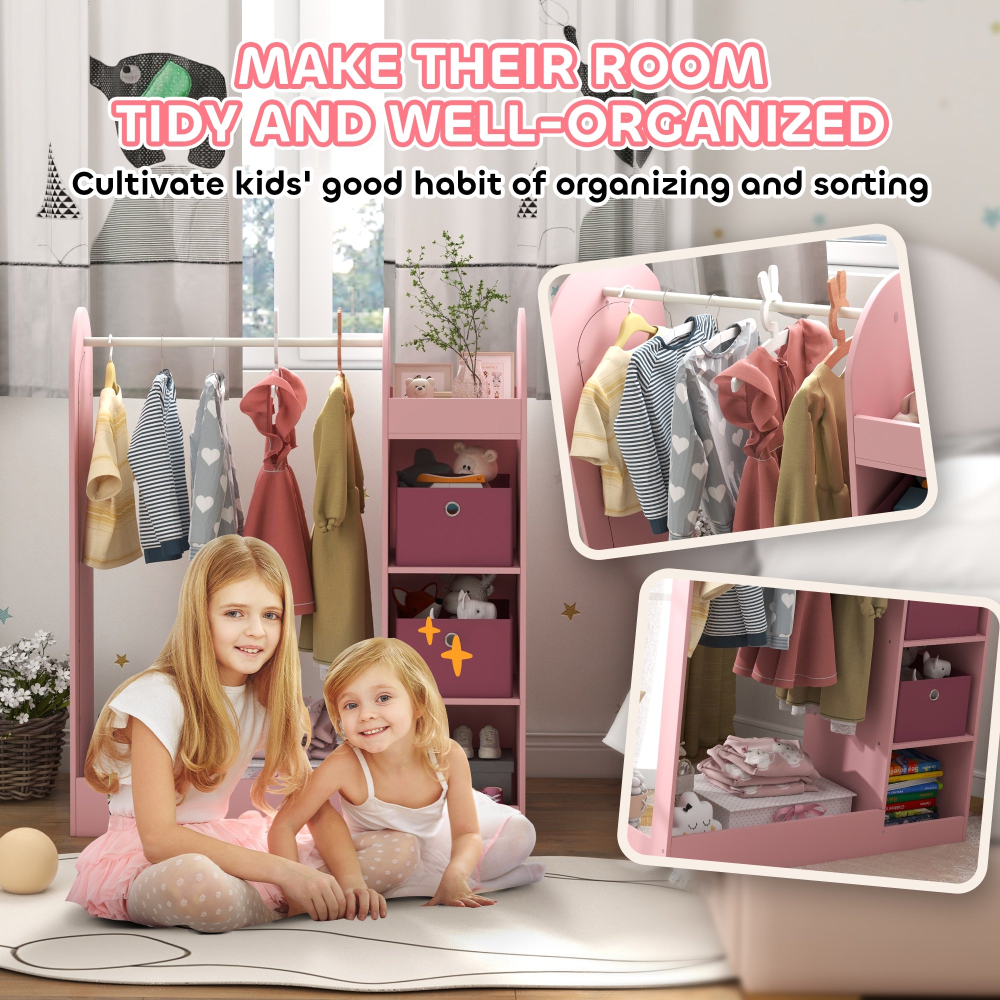 AIYAPLAY Kids Clothes Rail with Storage Shelf, Boxes, Mirror for Bedroom, Nursery, Pink - North Peak Garden Furniture