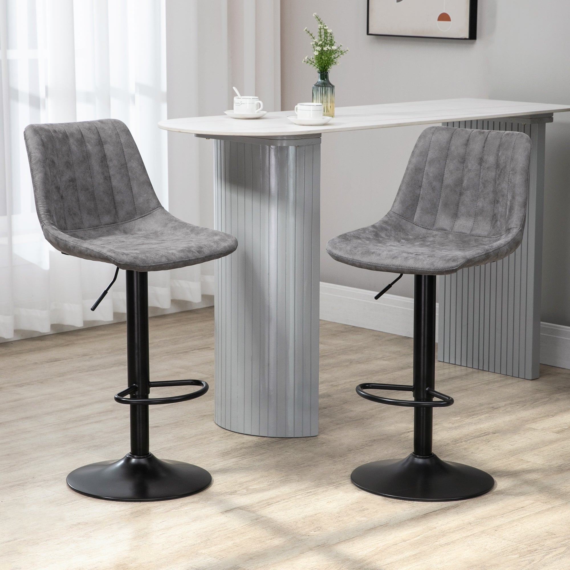 HOMCOM Adjustable Bar Stools Set of 2 Counter Height Barstools Dining Chairs 360° Swivel with Footrest for Home Pub, Grey - North Peak Garden Furniture
