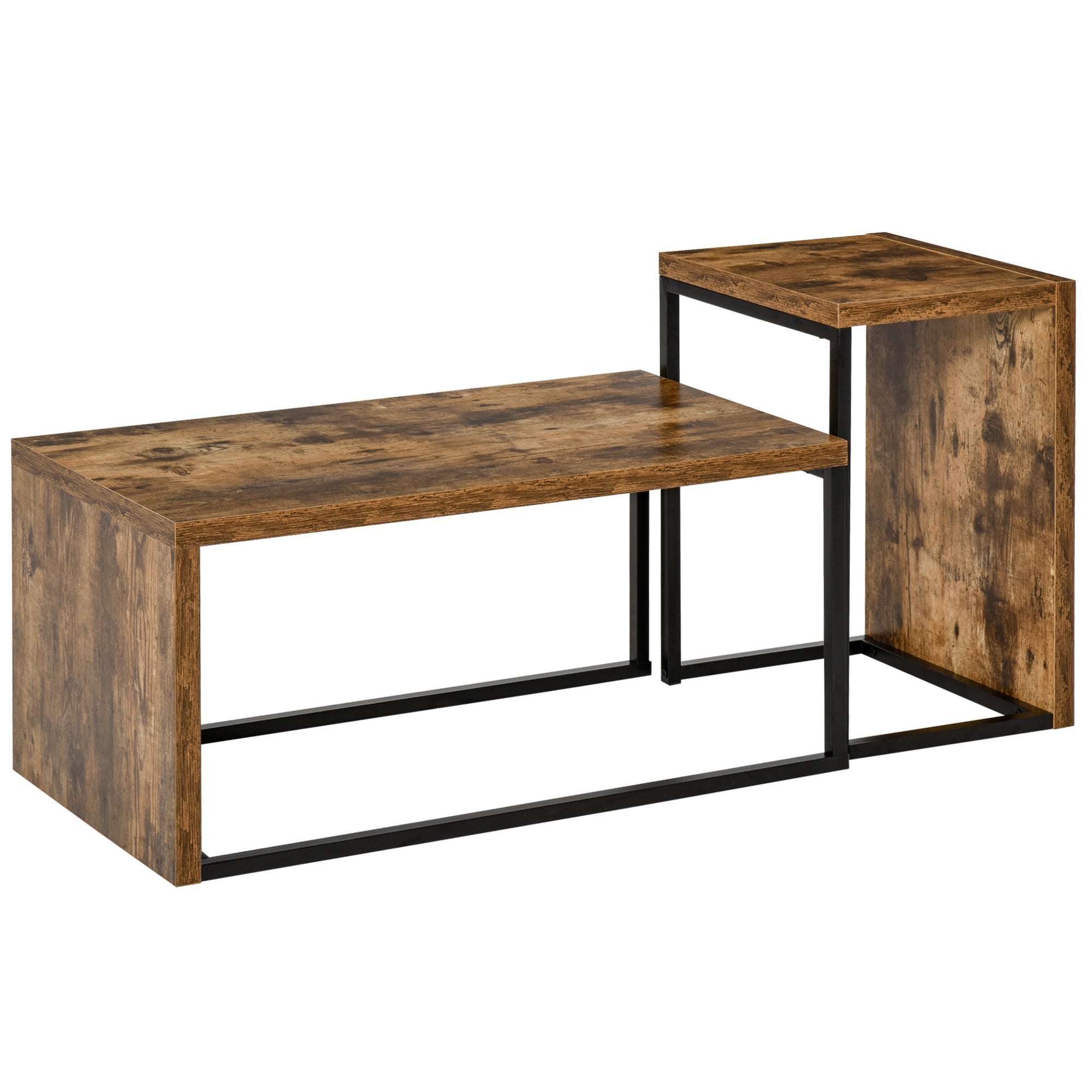 HOMCOM Coffee Tables Nesting Table Set of 2 Side Table w/ Metal Frame for Living Room Bedroom Black & Brown - North Peak Garden Furniture