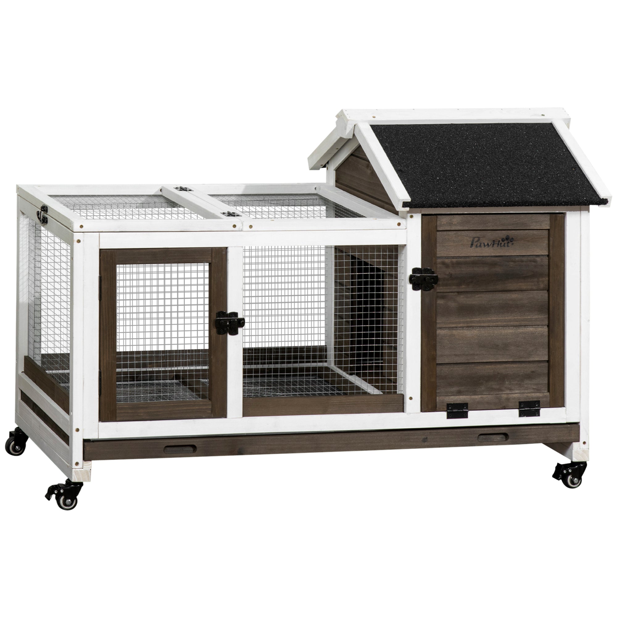 PawHut Wooden Rabbit Hutch, Guinea Pig Cage, with Removable Tray, Wheels - Brown - North Peak Garden Furniture