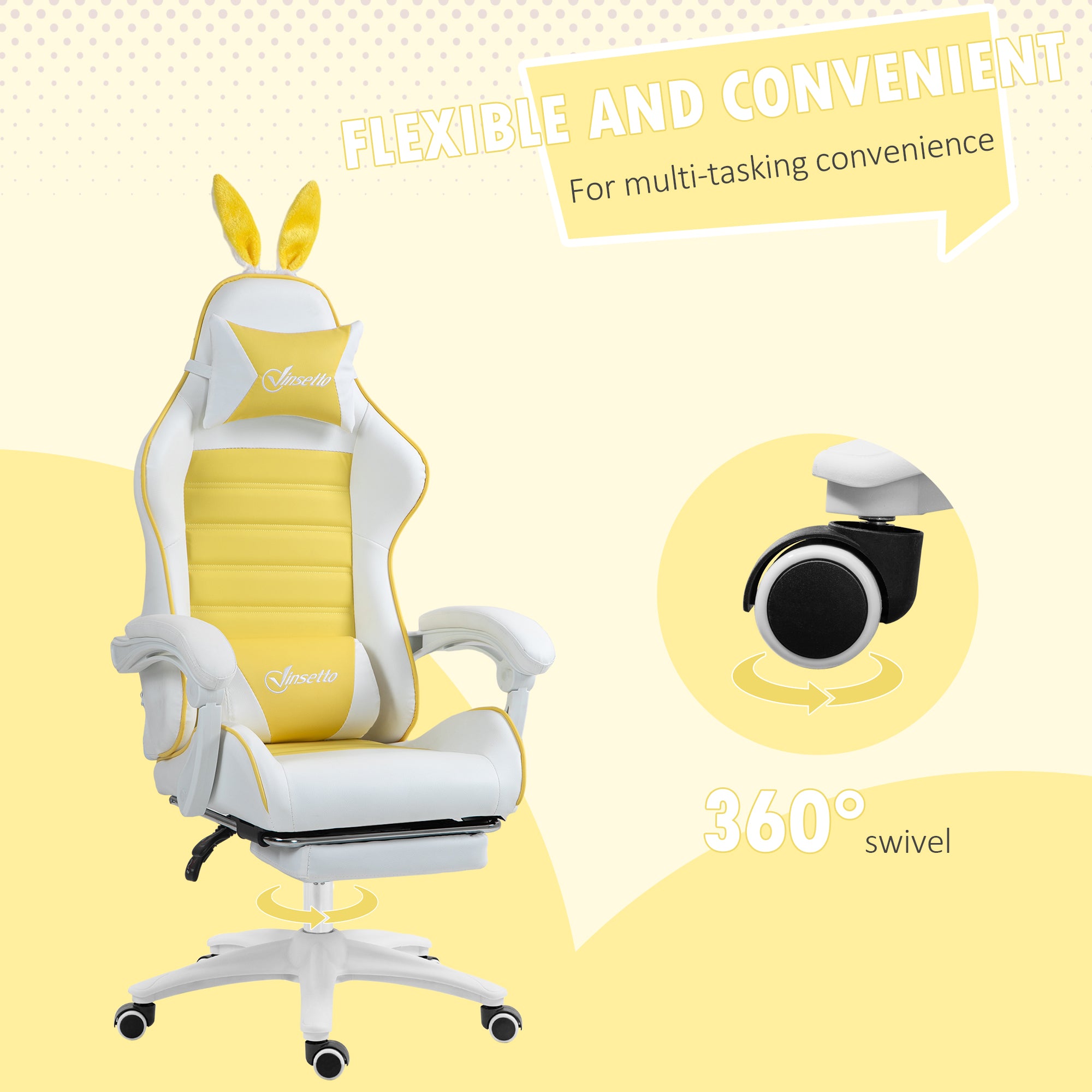 Vinsetto Racing Gaming Chair, Reclining PU Leather Computer Chair with Removable Rabbit Ears, Footrest, Headrest and Lumber Support, Yellow - North Peak Garden Furniture