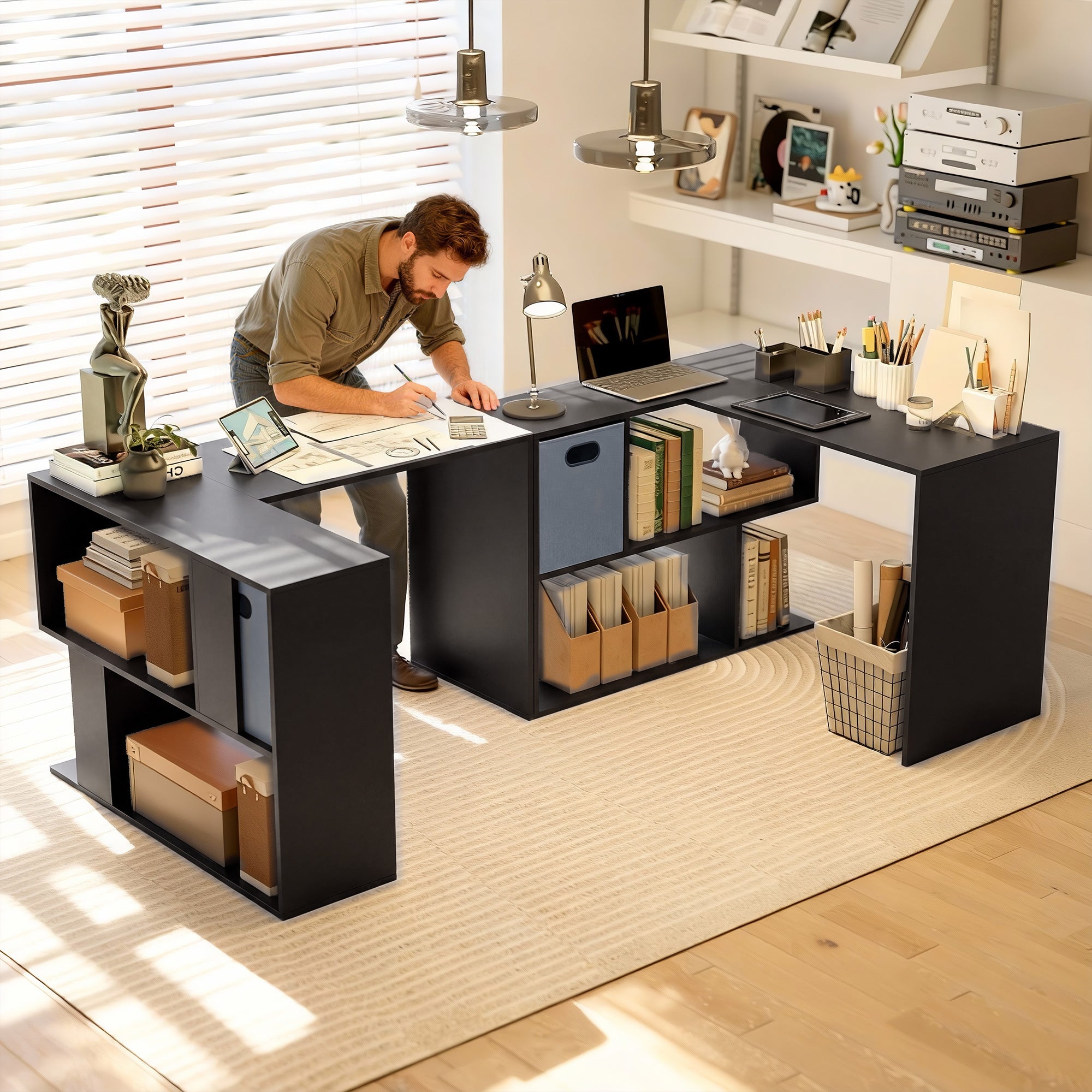 HOMCOM 110 cm L-Shaped Desk, Small Computer Desk with Fabric Drawer and Storage Shelves for Home Office, Study, Black