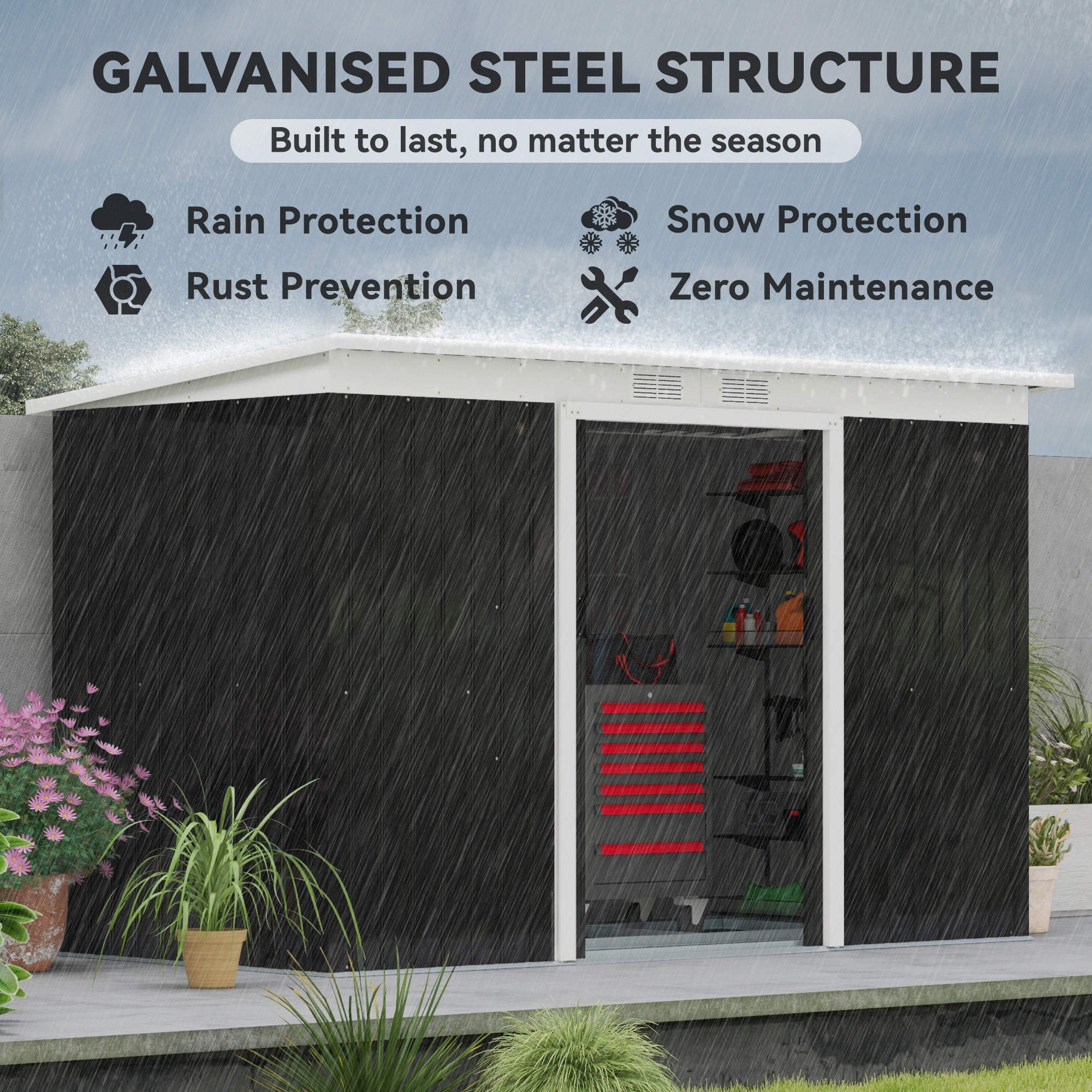 Outsunny 9ft x 4ft Metal Garden Shed, Outdoor Tool House with Foundation Kit, Ventilations and Double Doors, Dark Grey - North Peak Garden Furniture
