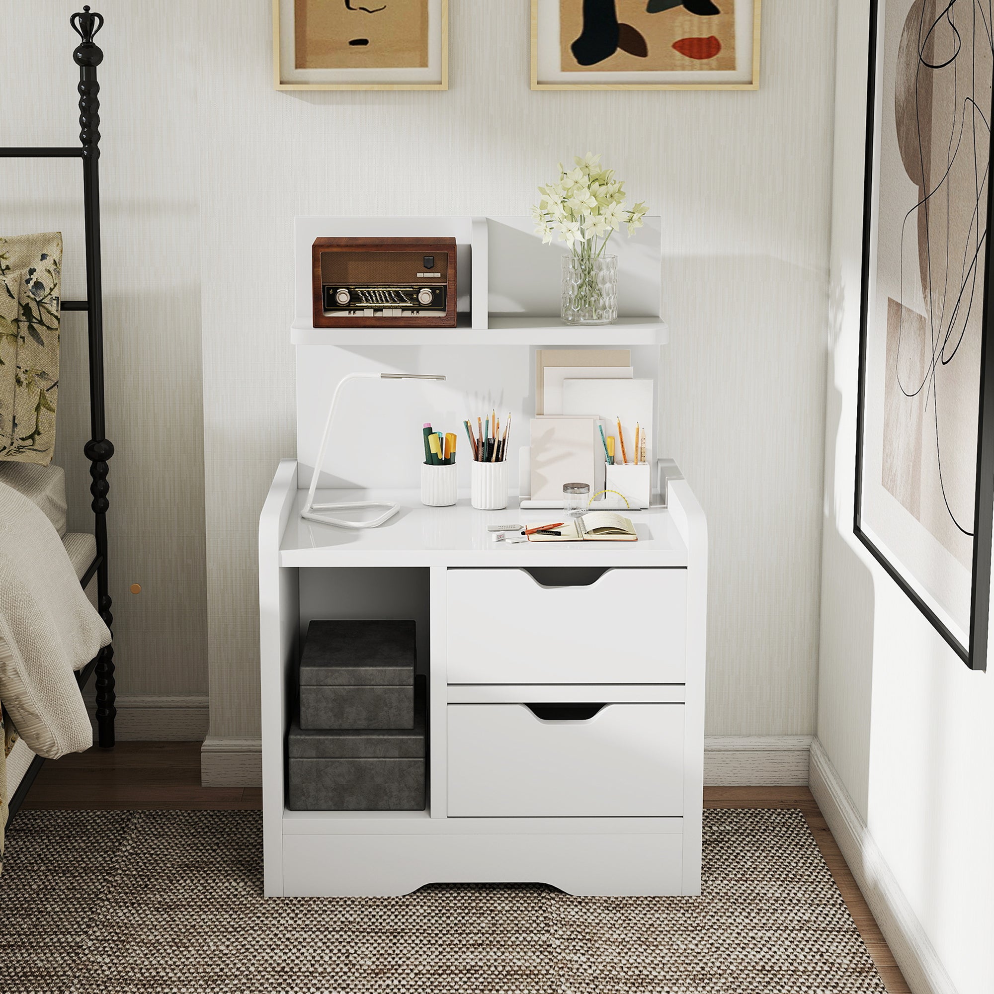 HOMCOM Bedside Table with 2 Drawers and Open Shelves - High Gloss White