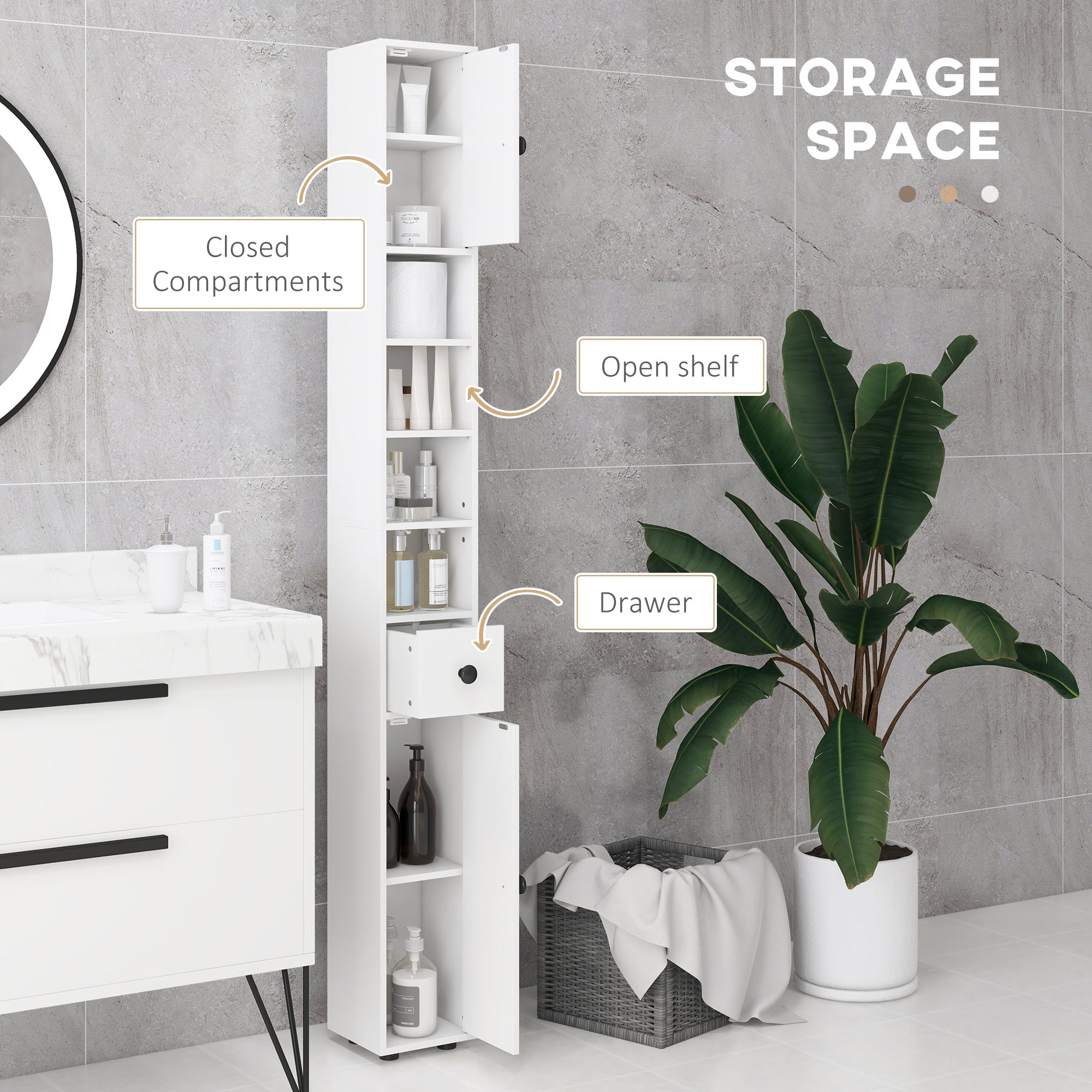 kleankin 180cm Tall Bathroom Cabinet, Slim Bathroom Storage Cabinet with 4 Open Shelves, 2 Door Cupboards and Adjustable Shelves, White - North Peak Garden Furniture