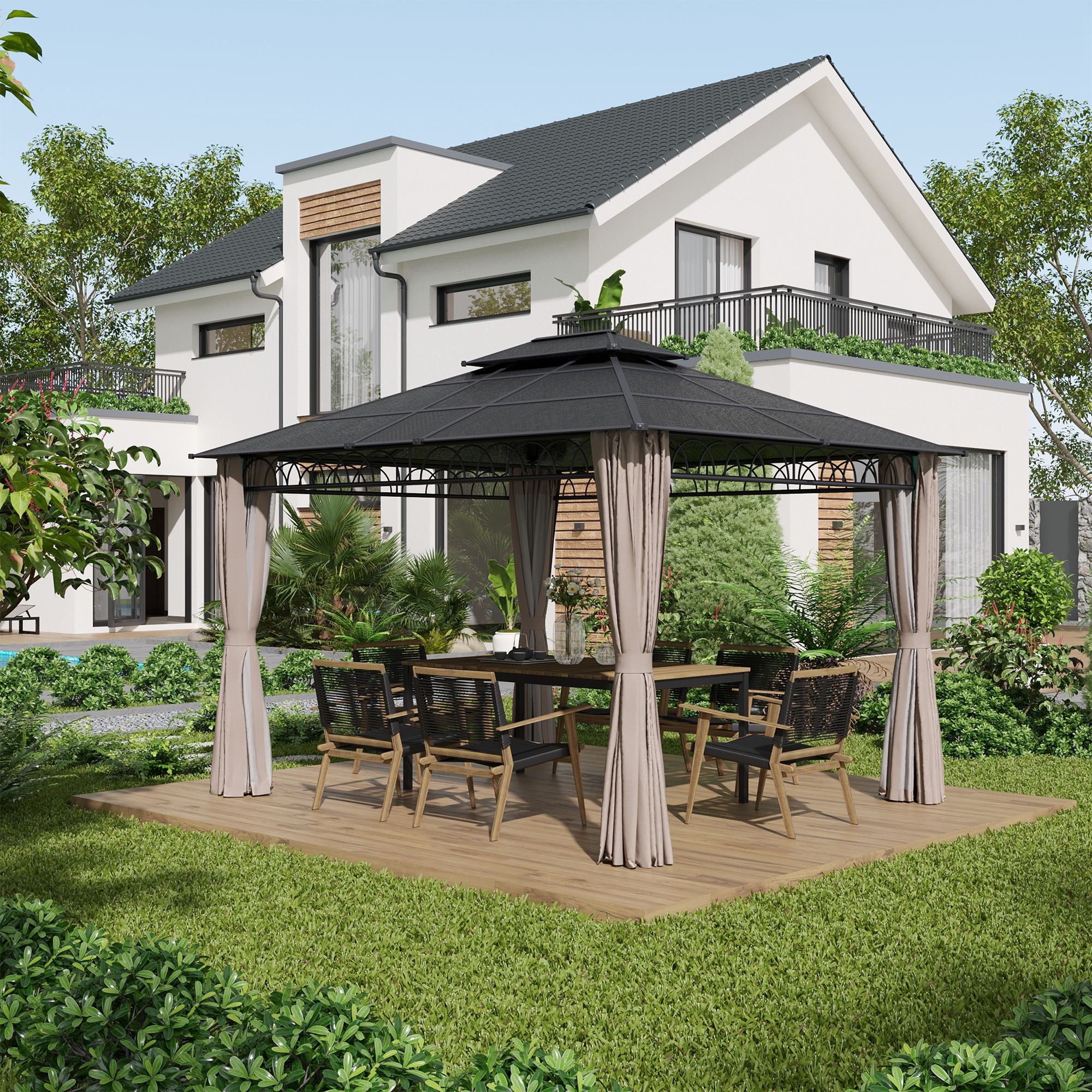 Outsunny 3.6 x 3 (m) Outdoor Polycarbonate Gazebo, Double Roof Hard Top Gazebo with Nettings & Curtains for Garden, Lawn, Patio - North Peak Garden Furniture