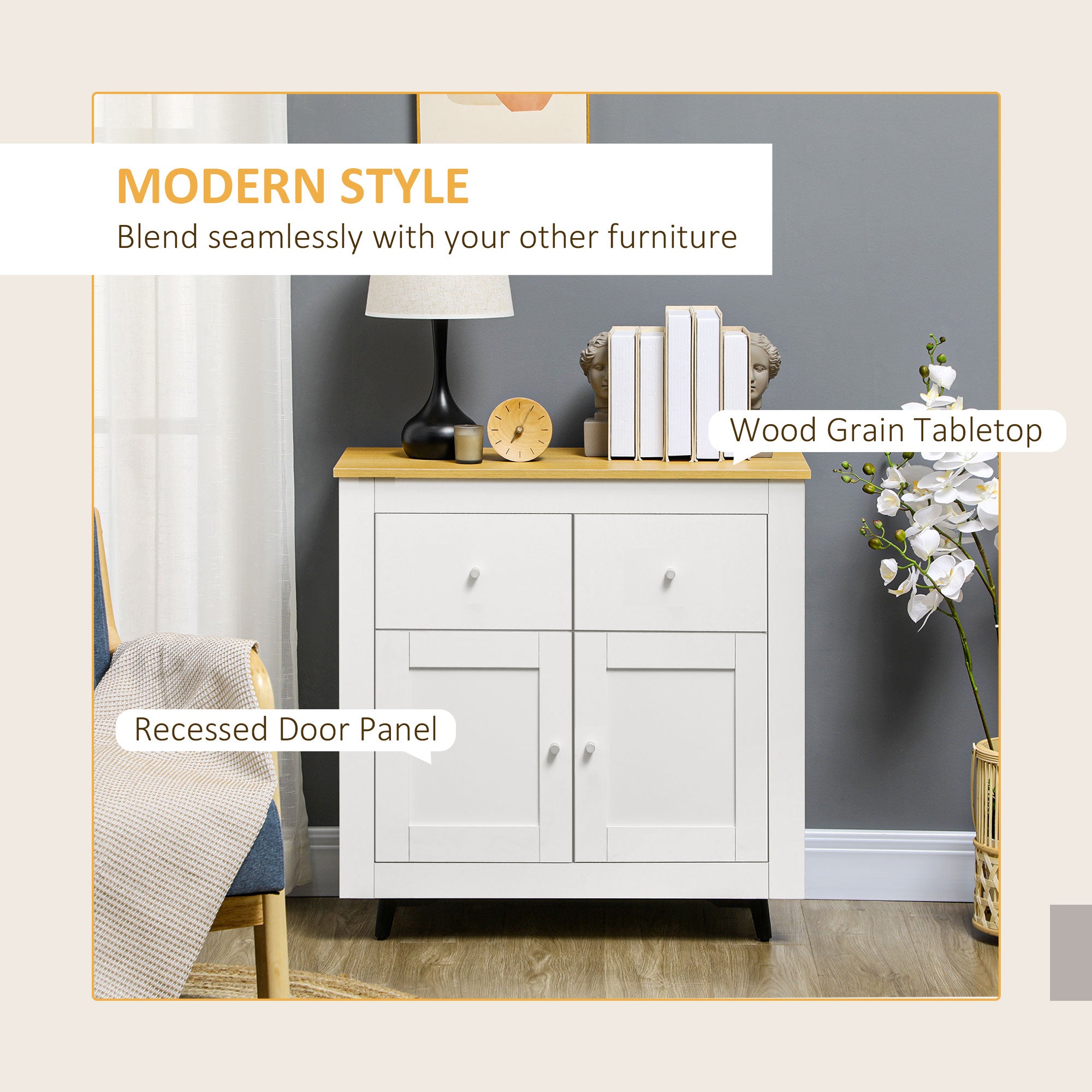 HOMCOM Sideboard Storage Cabinet, Modern Kitchen Cupboard with Double Doors and Drawers for Dining Room, Living Room and Entryway, White - North Peak Garden Furniture