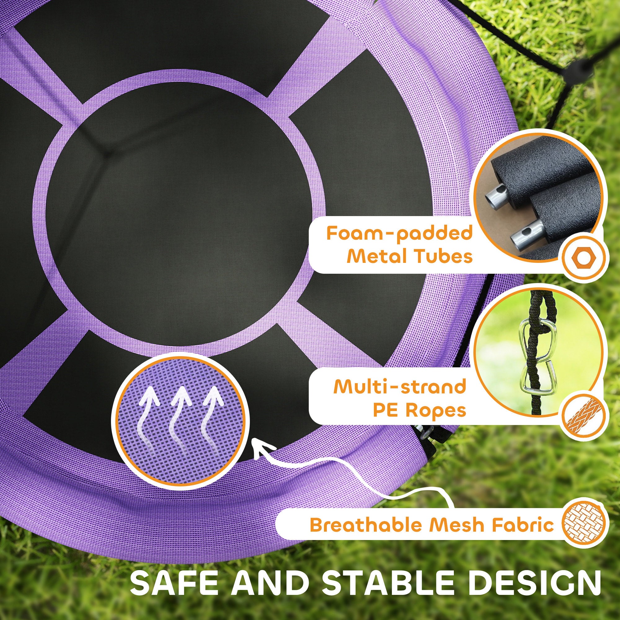 AIYAPLAY 100cm Diameter Nest Swing Seat for Kids with Height Adjustable Hanging Ropes for Outdoor, Playground, Garden, Purple - North Peak Garden Furniture