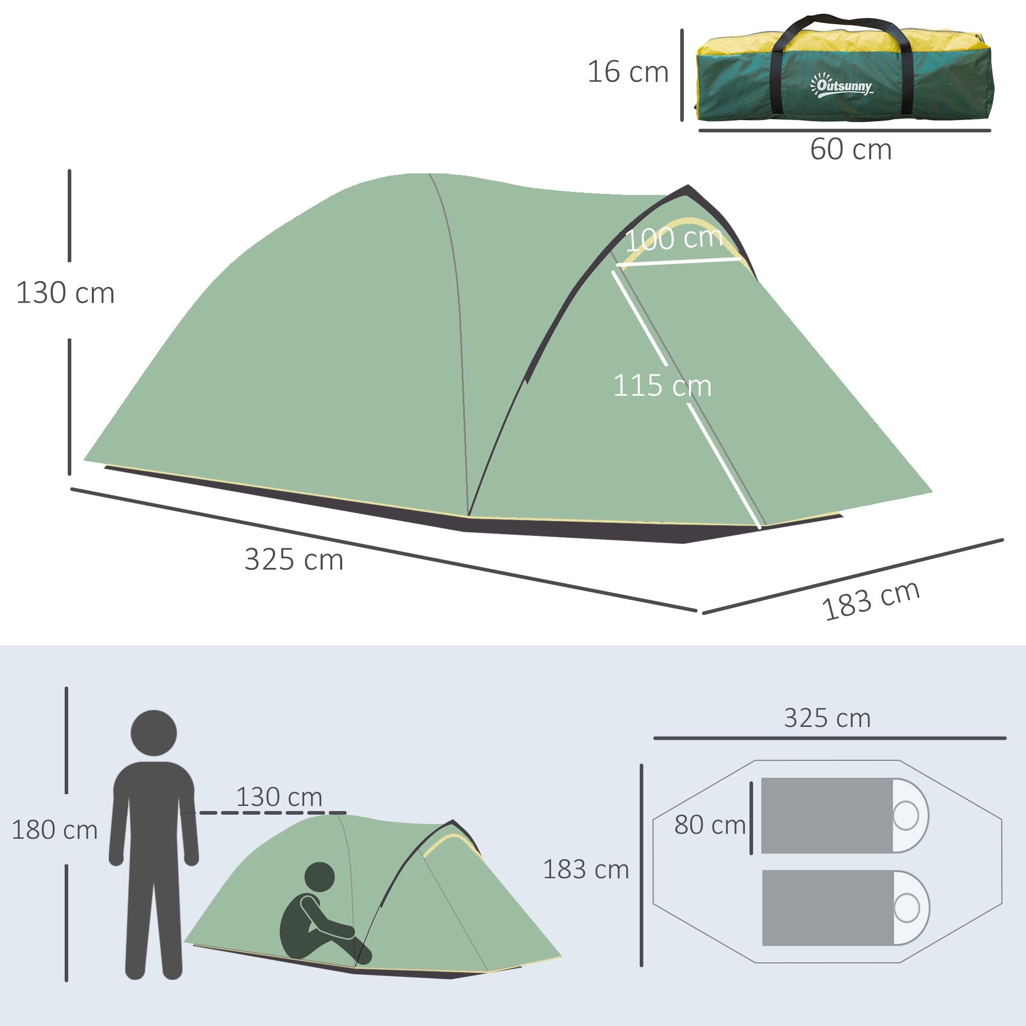Outsunny Dome Tent for 2 Person Camping Tent with Large Windows, Waterproof Green and Yellow - North Peak Garden Furniture
