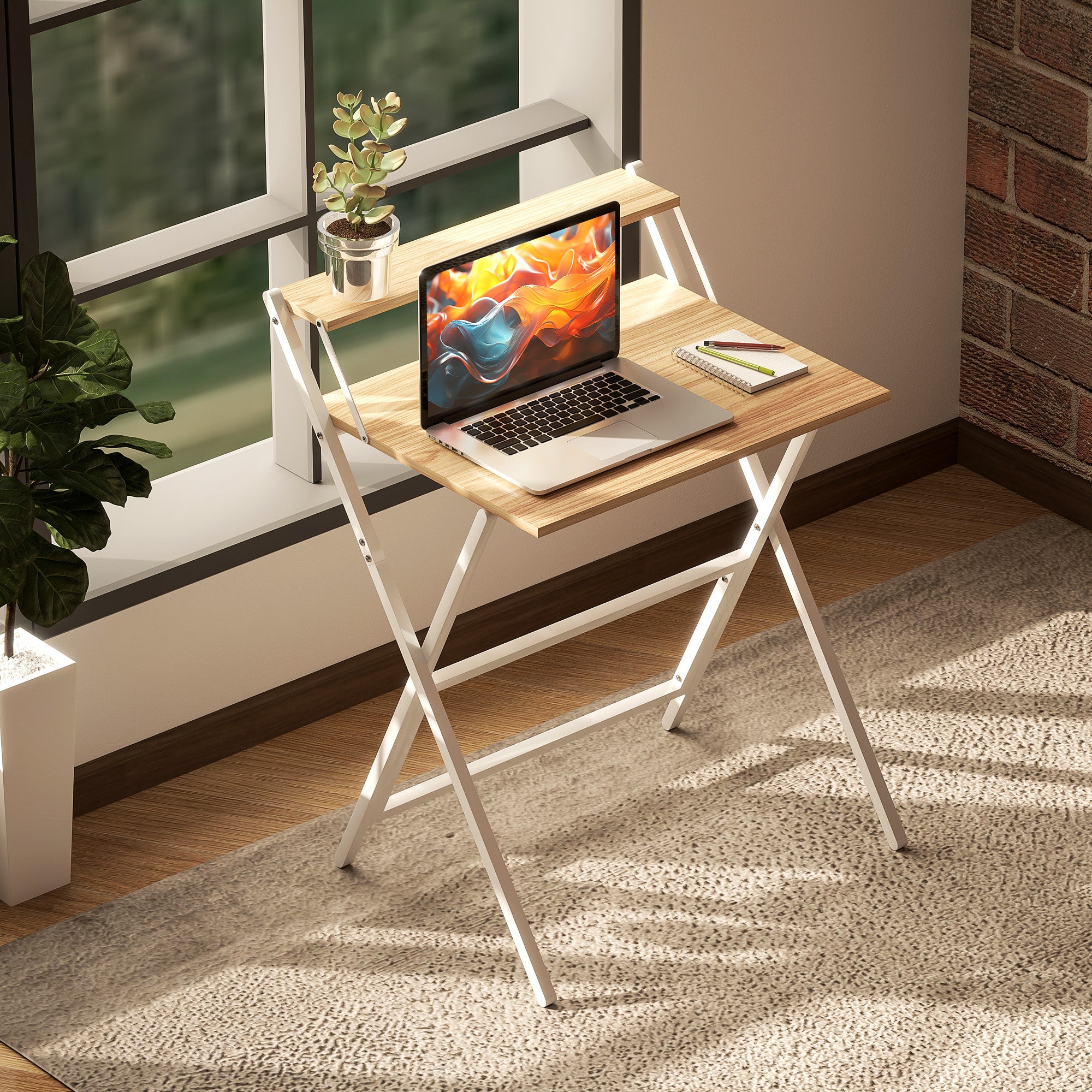 HOMCOM 70 cm Folding Computer Desk with Monitor Shelf - Natural Wood Finish - North Peak Garden Furniture