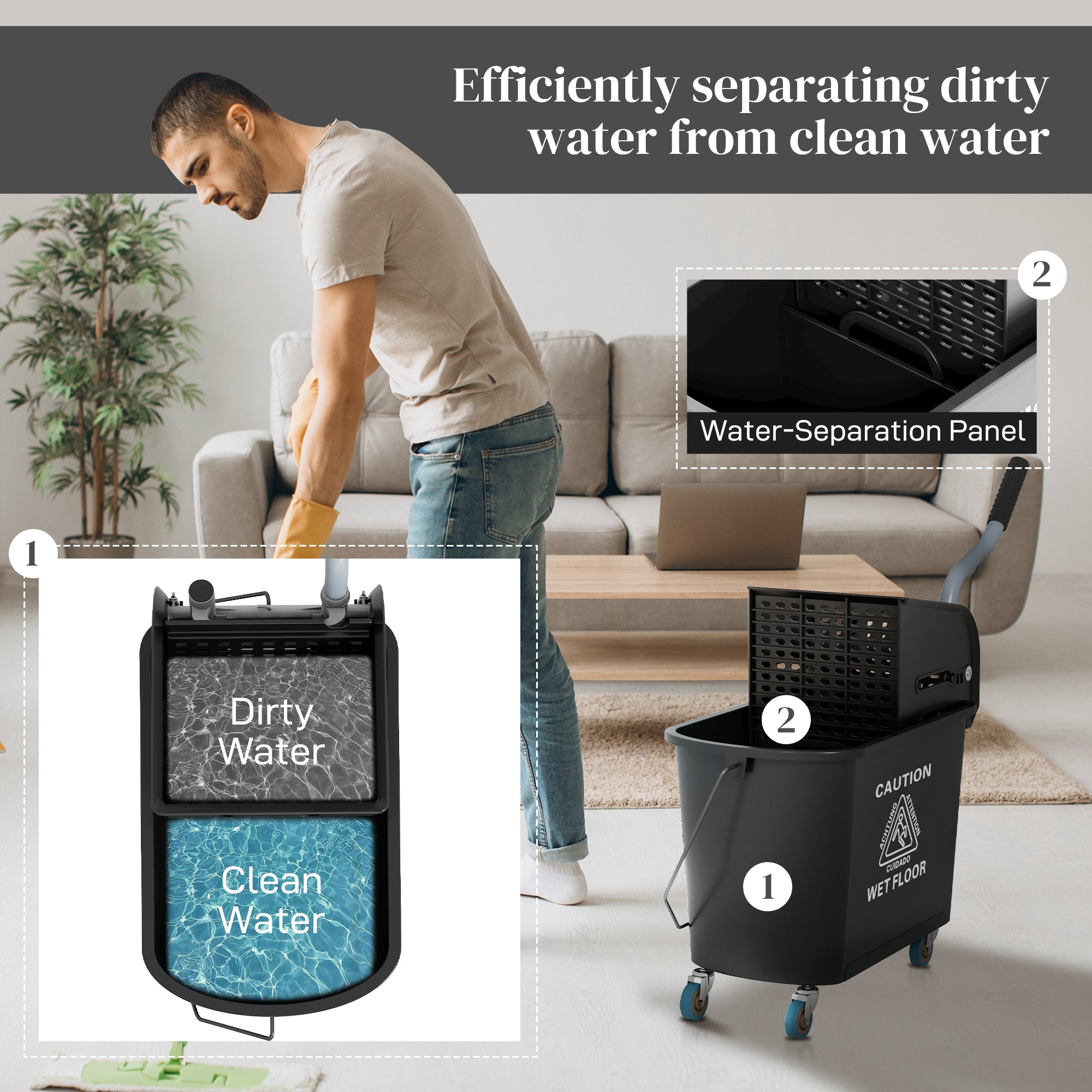HOMCOM 20L Mop Bucket on Wheels, with Water Separation Panel - Black - North Peak Garden Furniture