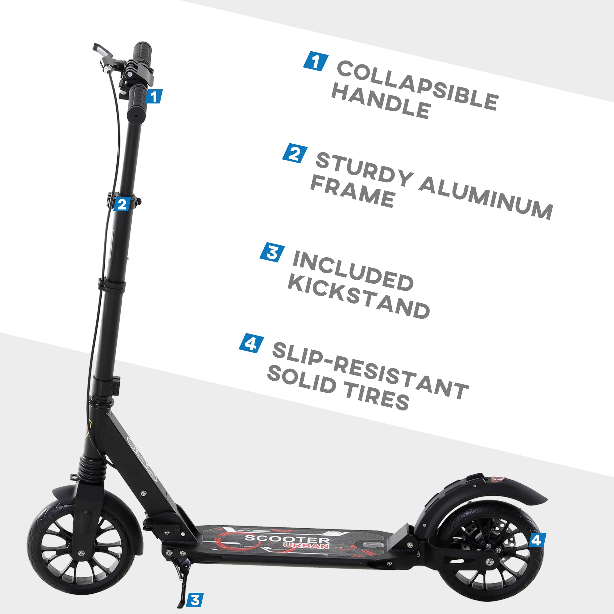 HOMCOM Adult Teens Kick Scooter Foldable Height Adjustable Aluminum Ride On Toy for 14+ with Rear Wheel & Hand Brake, Shock Mitigation System - Black - North Peak Garden Furniture