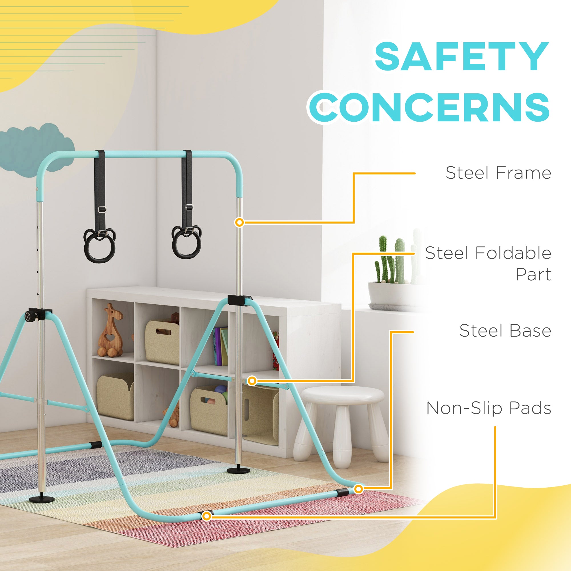 HOMCOM Adjustable Height, Foldable Kids Gymnastics Bar w/ Non-Slip Mats, for 3+ Years, Green - North Peak Garden Furniture