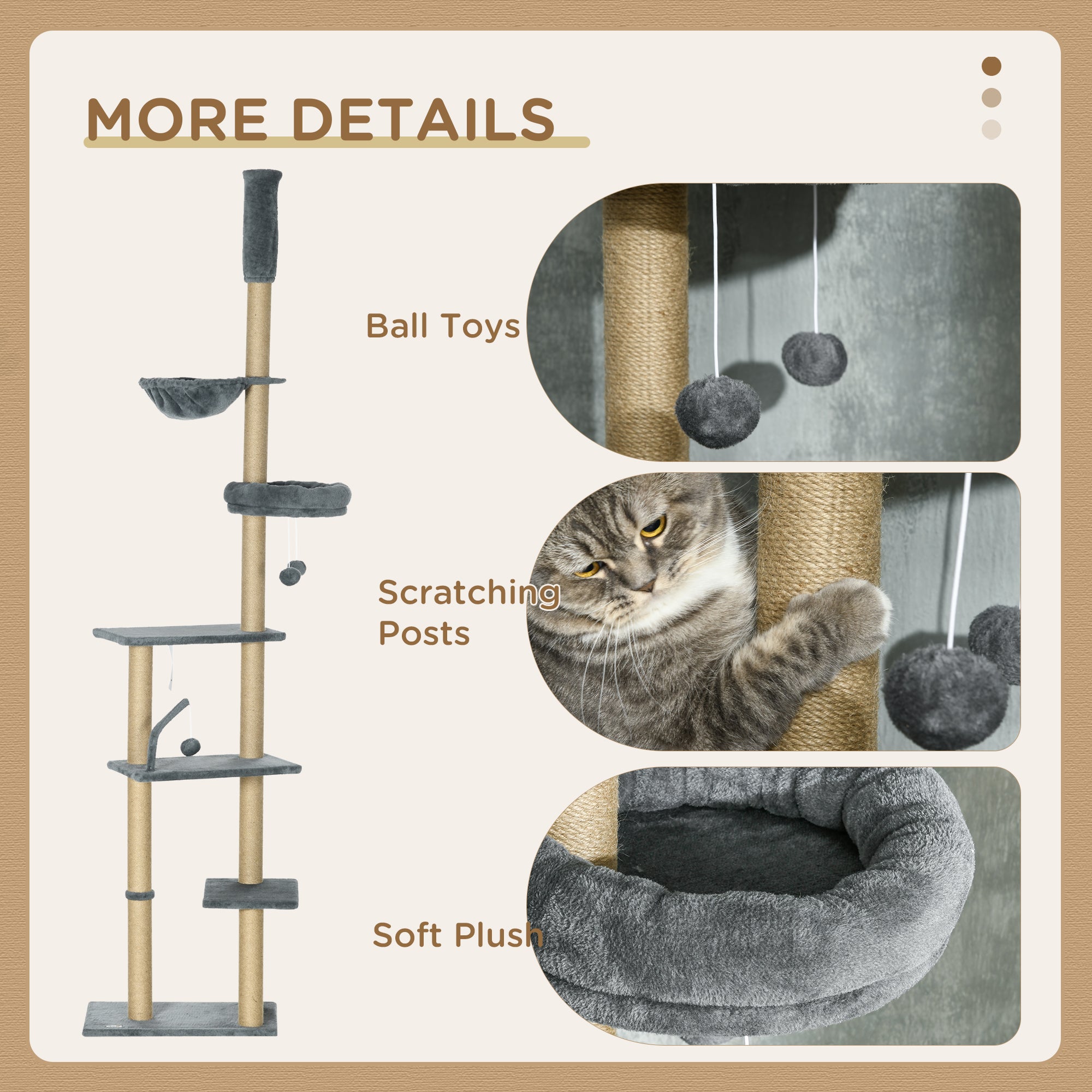 PawHut Floor to Ceiling Cat Tree for Indoor Cats, 6-Tier Play Tower Climbing Activity Center with Scratching Post, Platforms, Bed, Hammock, Adjustable Height 230-250cm, Grey - North Peak Garden Furniture