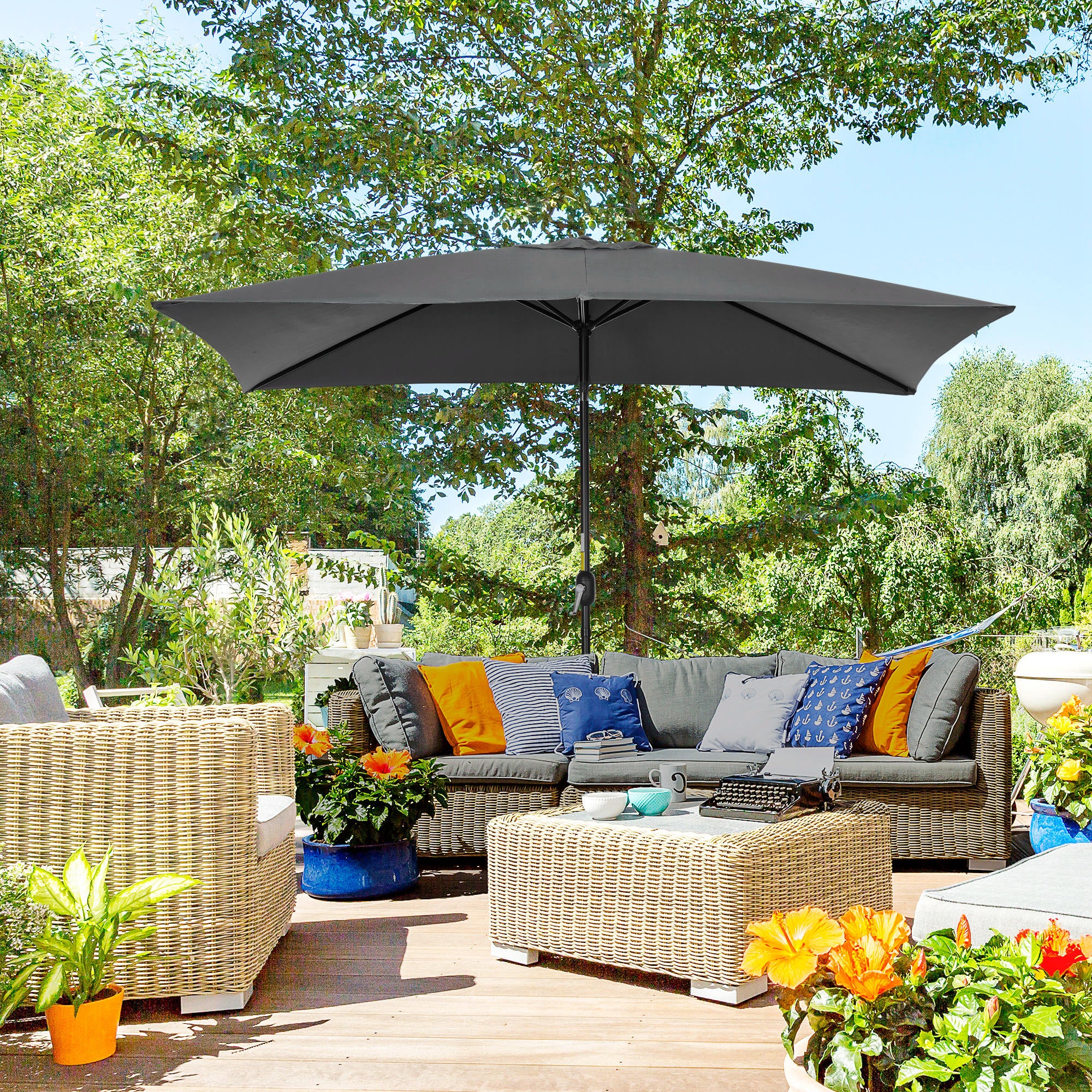 Outsunny 3x2m Patio Parasol Garden Umbrellas Canopy with Aluminium Tilt Crank Rectangular Sun Shade Steel, Black