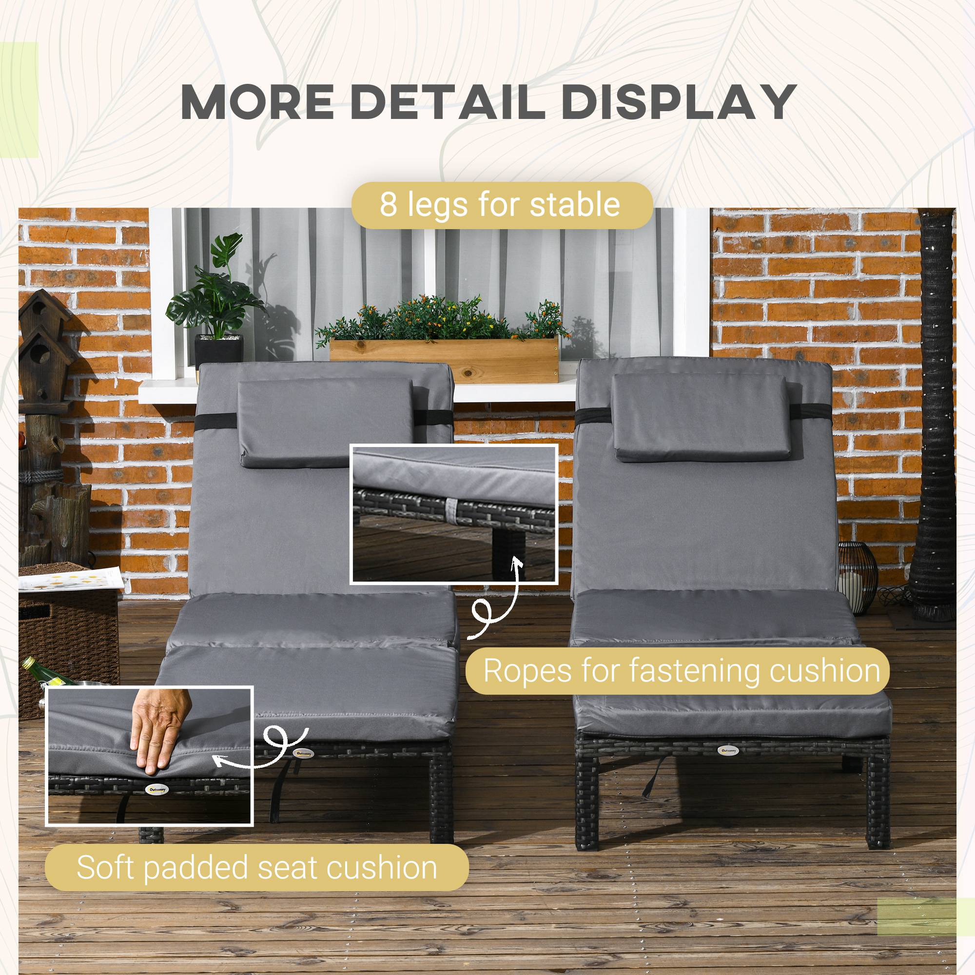 Outsunny Set of Two Reclining Rattan Sun Loungers, with Cushions - Grey - North Peak Garden Furniture